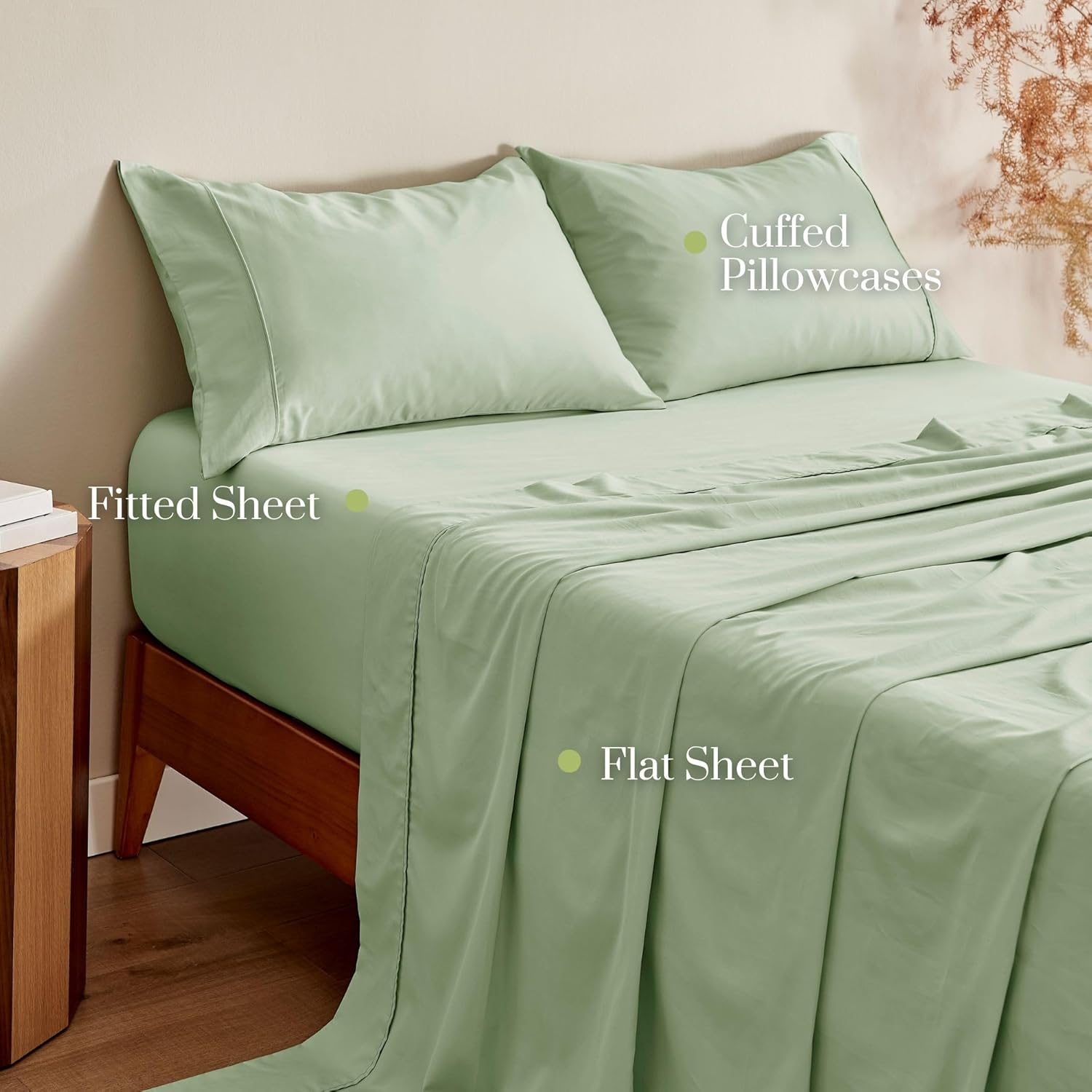 Dreamaker Serene 4 Pieces Bamboo Cotton Sateen Super King Sheets Set, Hypoallergenic Deep Pocket Fitted Sheet, Flat Sheet & 2 Pillowcases Easy Care Machine Washable Bedding Set Super King Size - Sage image number 2