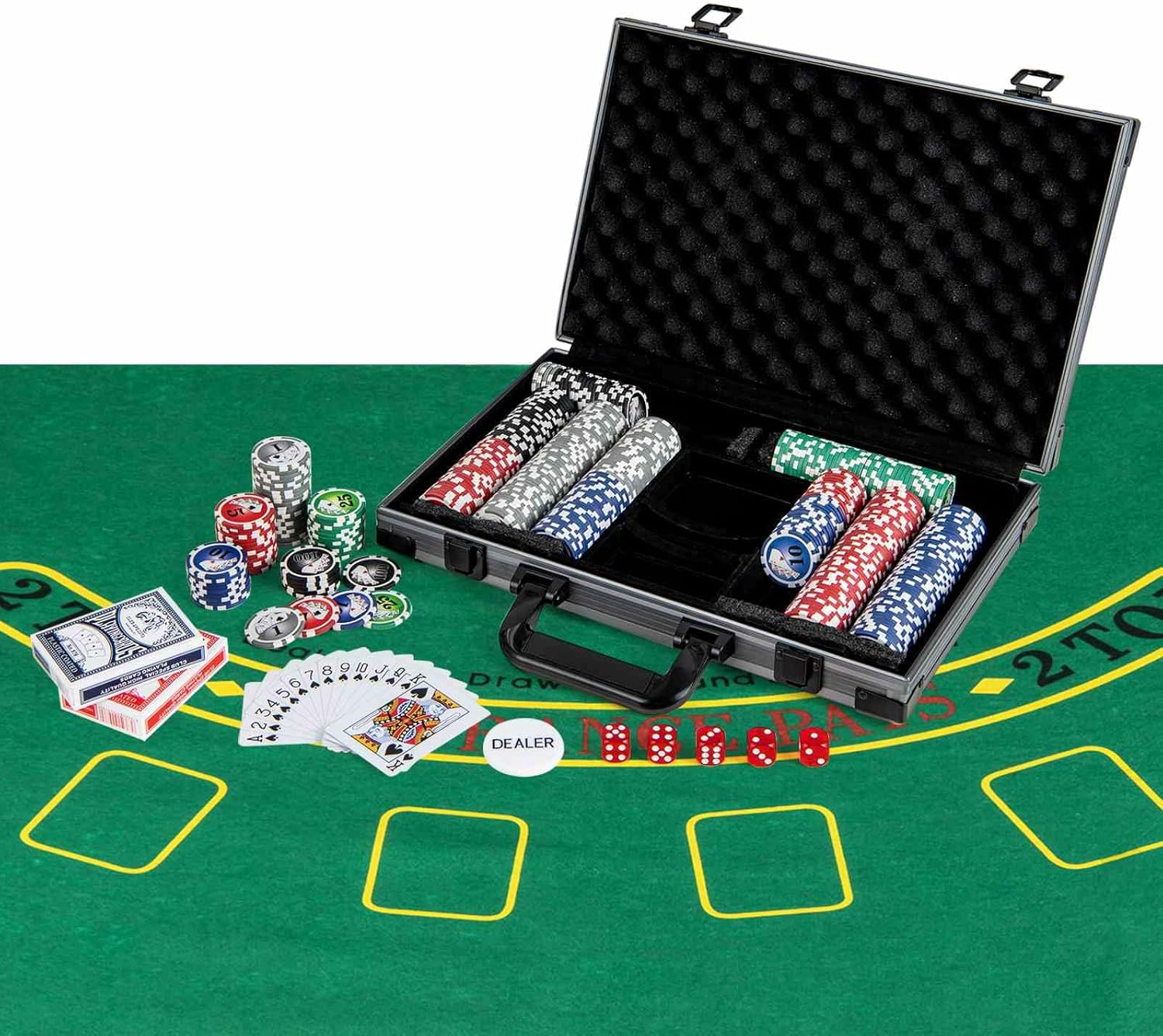 Costway Texas Holdem Poker Chip Set, Casino Poker Chips W/400 Pieces Chips, 2 Deck of Cards & Dealer Button, 5 Dices, Poker Felt, Aluminum Suitcase, Casino Poker Chip Set for Family Night, Travel image number 3