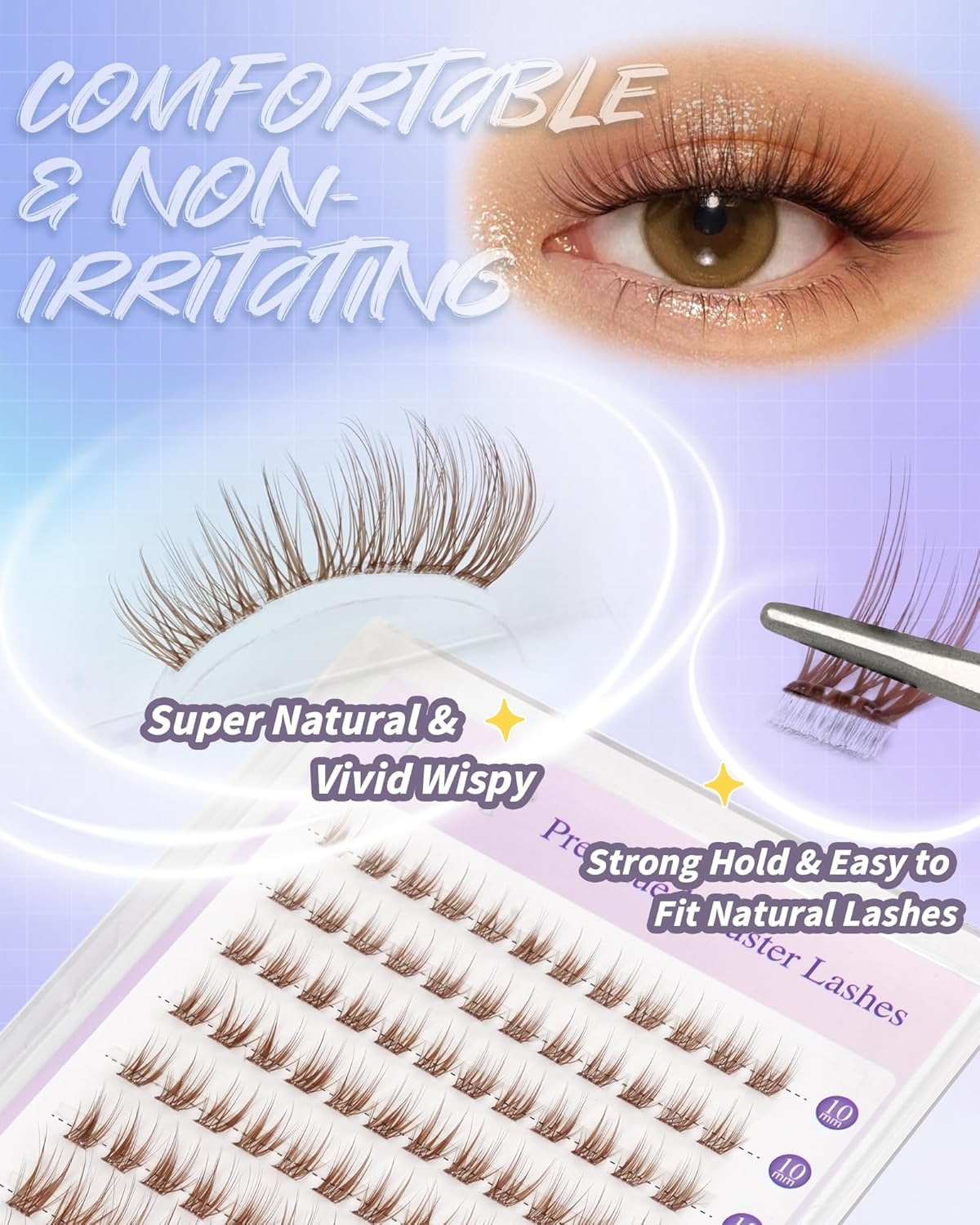 LZM Pre Glued Cluster Lashes Brown Self Adhesive Lashes Clusters Natural with Tweezers No Glue Needed Press-On Eyelashes Wispy Eyelash Extensions DIY at Home 10Mm 12Mm 14Mm 16Mm (YS10) image number 2