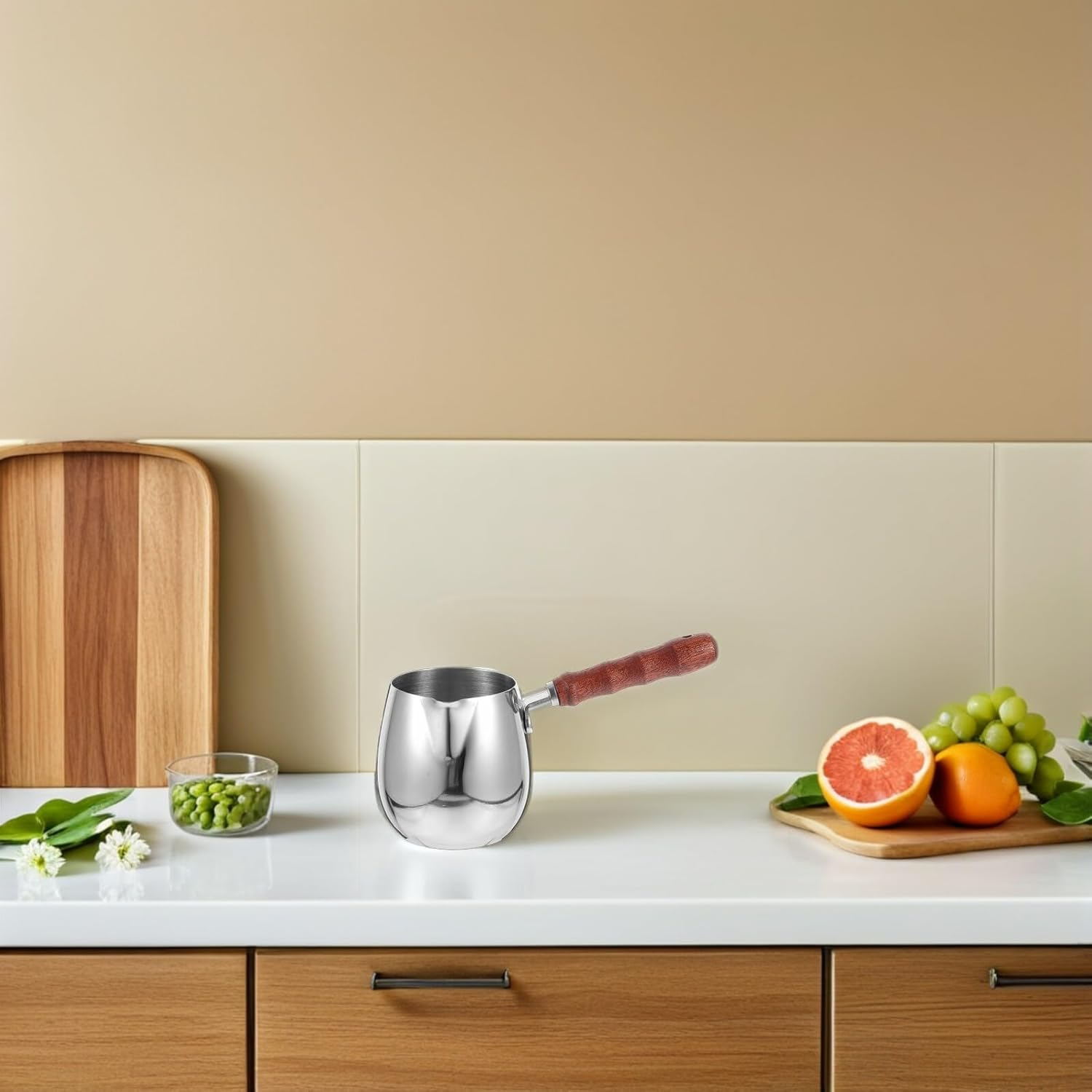 SEWACC 2Pcs Stainless Steel Turkish Coffee Pot with Wooden Handle 300Ml, Milk Warmer and Espresso Pot for Household and Camping Use, Small Coffee and Butter Melting Kettle image number 2