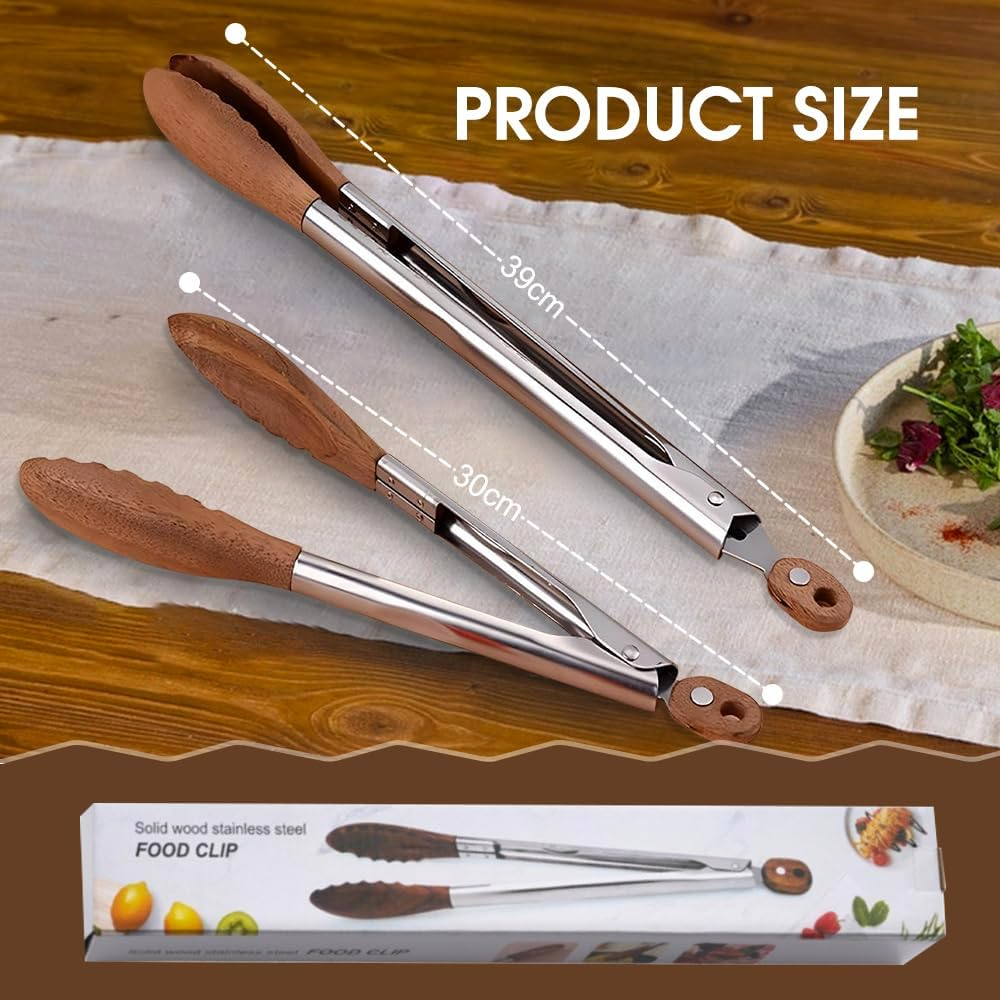 2PCS Wooden Kitchen Tongs (9 &12 Inch), Heat Resistant Nonstick Salad & BBQ Tongs with Wood Tips/Pull Lock/Hanging Hole, Kitchen Cooking Utensils Set for Serving, Grilling, Toaster, Air Fryer image number 1