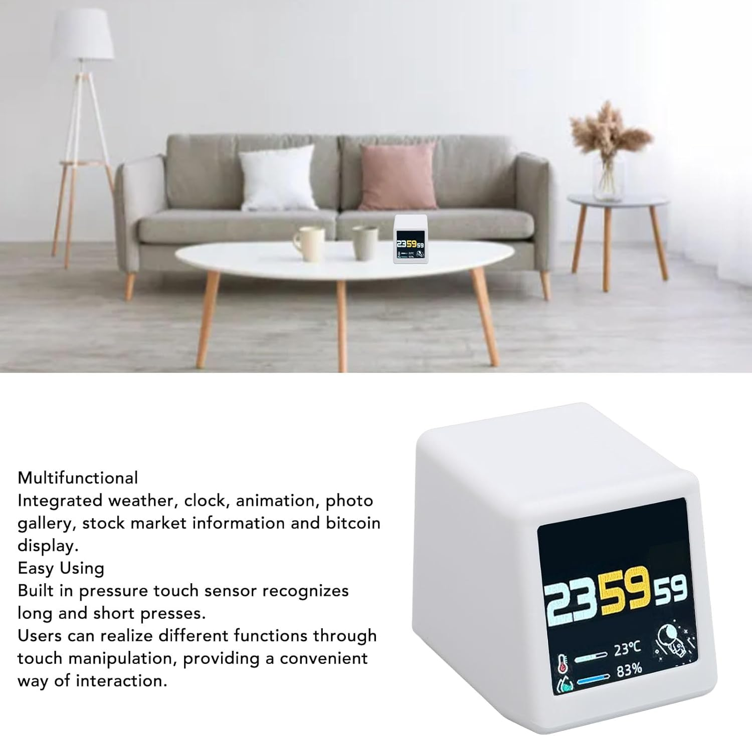 Bitcoin Stock Ticker Monitor Display Time Weather, Wifi Desktop Digital Clock, Multifunctional Easy Using Versatile App Integration, Photo Gallery Features image number 1