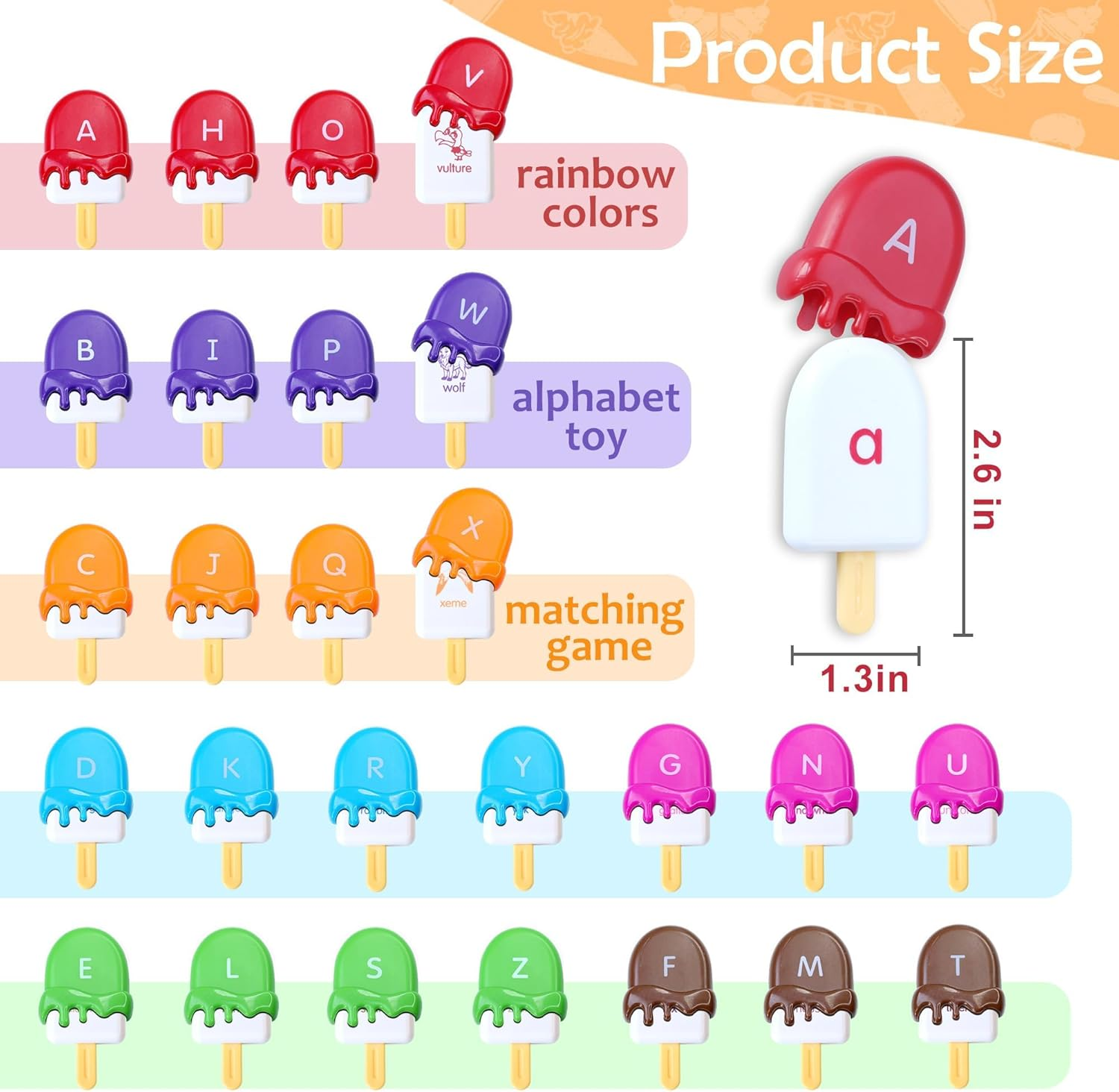 ABC Alphabet Learning Toys Alphabet Popsicles Animal Matching Toy Uppercase Lowercase Preschool Learning Activities Montessori Toys Back to School Gifts for Kids Ages 3+, 52 Pcs image number 6