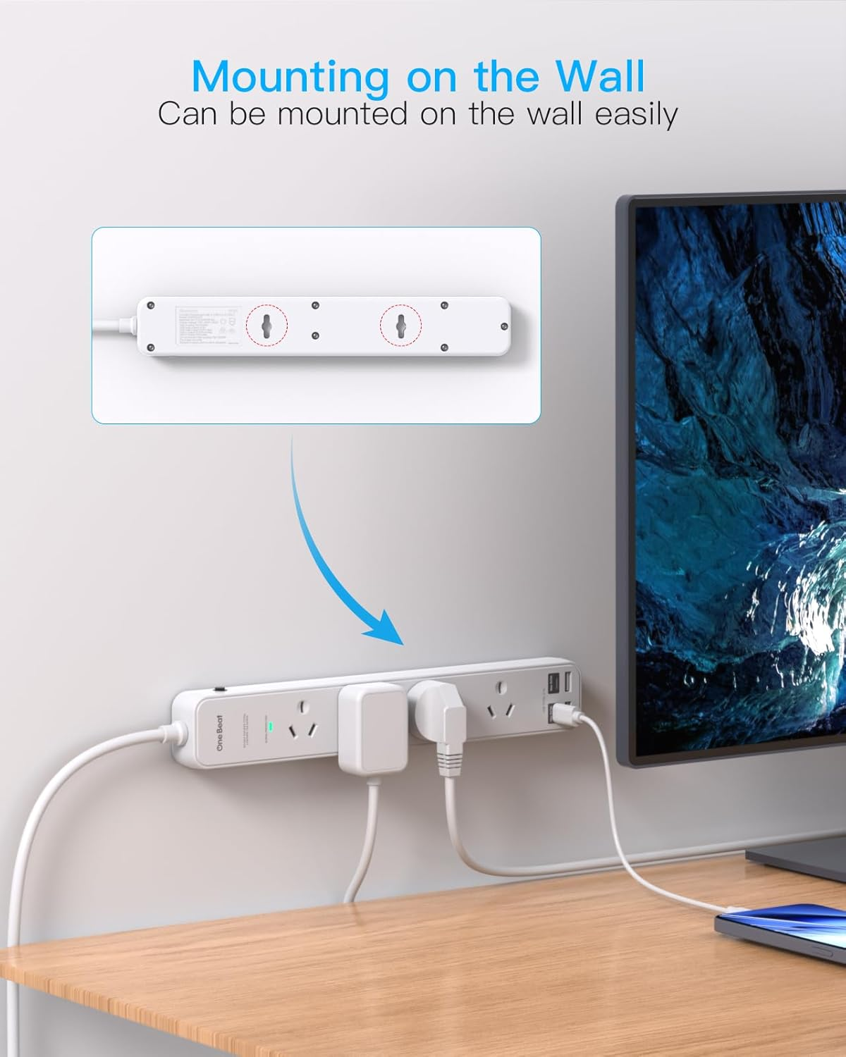 Power Board Surge Protected, 4 Widely Outlets with 4 USB Ports(2 USB a 2 USB C Charging Port), USB Power Board with 1.2M Extension Cord, 900J Surge Protection, Flat Plug, Wall Mount for Home Office image number 3