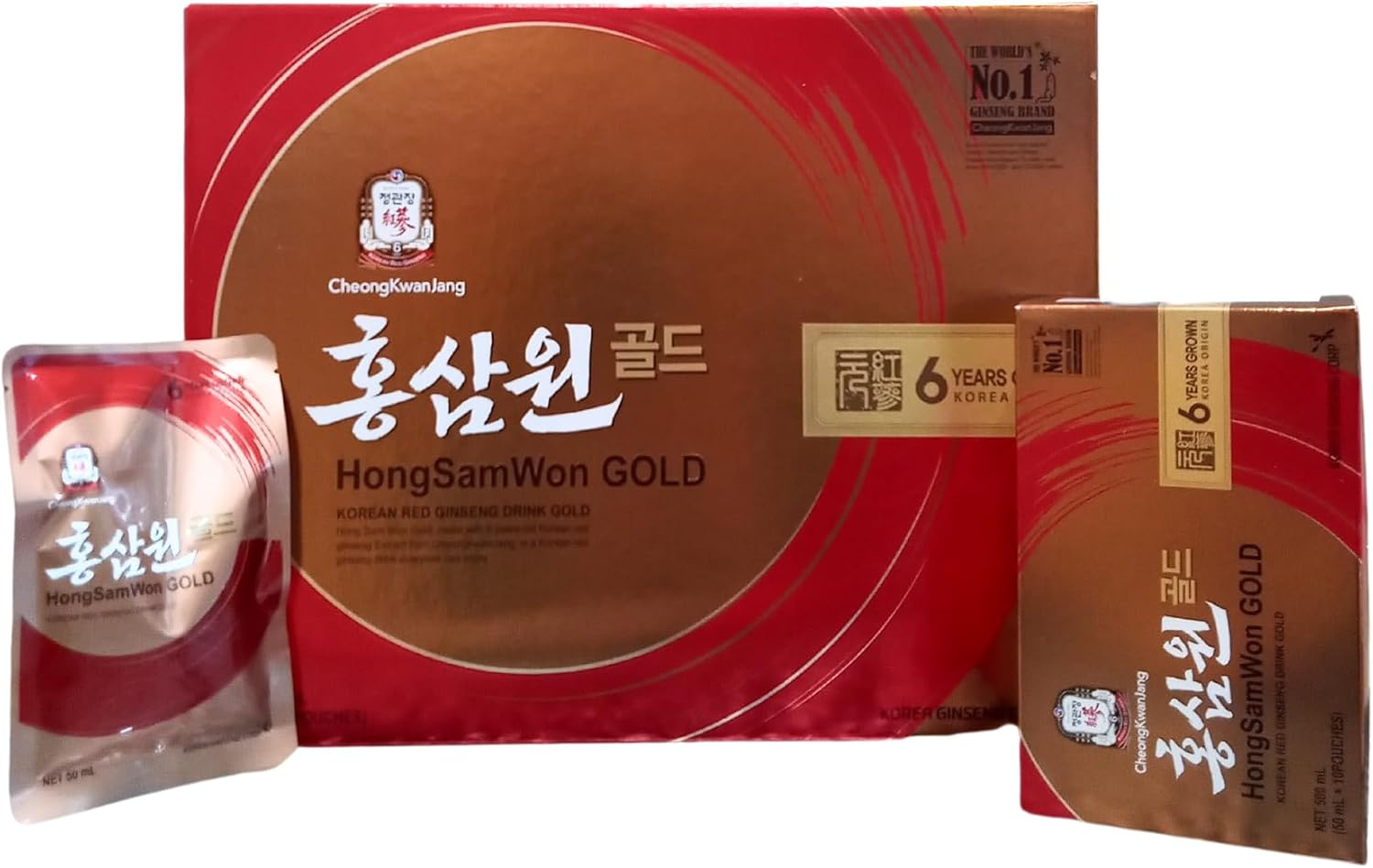 Korean Red Ginseng Hongsamwon Pouch Gold - 6 Year Grown Panax Ginseng Extract with Dates, Ginger, Cinnamon, and Goji Berries - Enhances Immune Function, Vitamins and Minerals - 50Ml X 60 Pouches