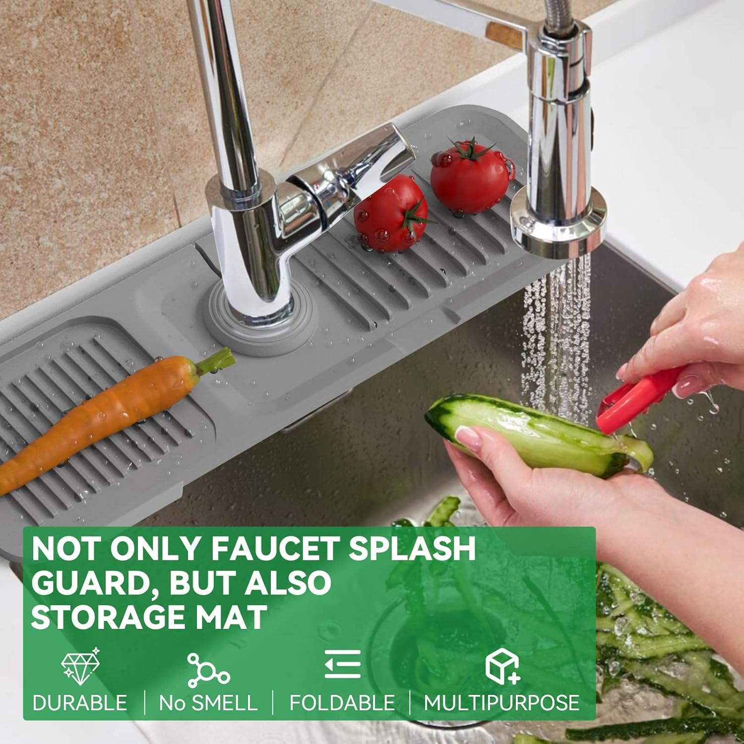 Kitchen Sink Splash Guard 37 * 14 Cm, Silicone Adjustable Draining Mat Kitchen Faucet, Multipurpose Foldable Design for Dish Drying Mats & Bathroom, Farmhouse, Bar & Rv