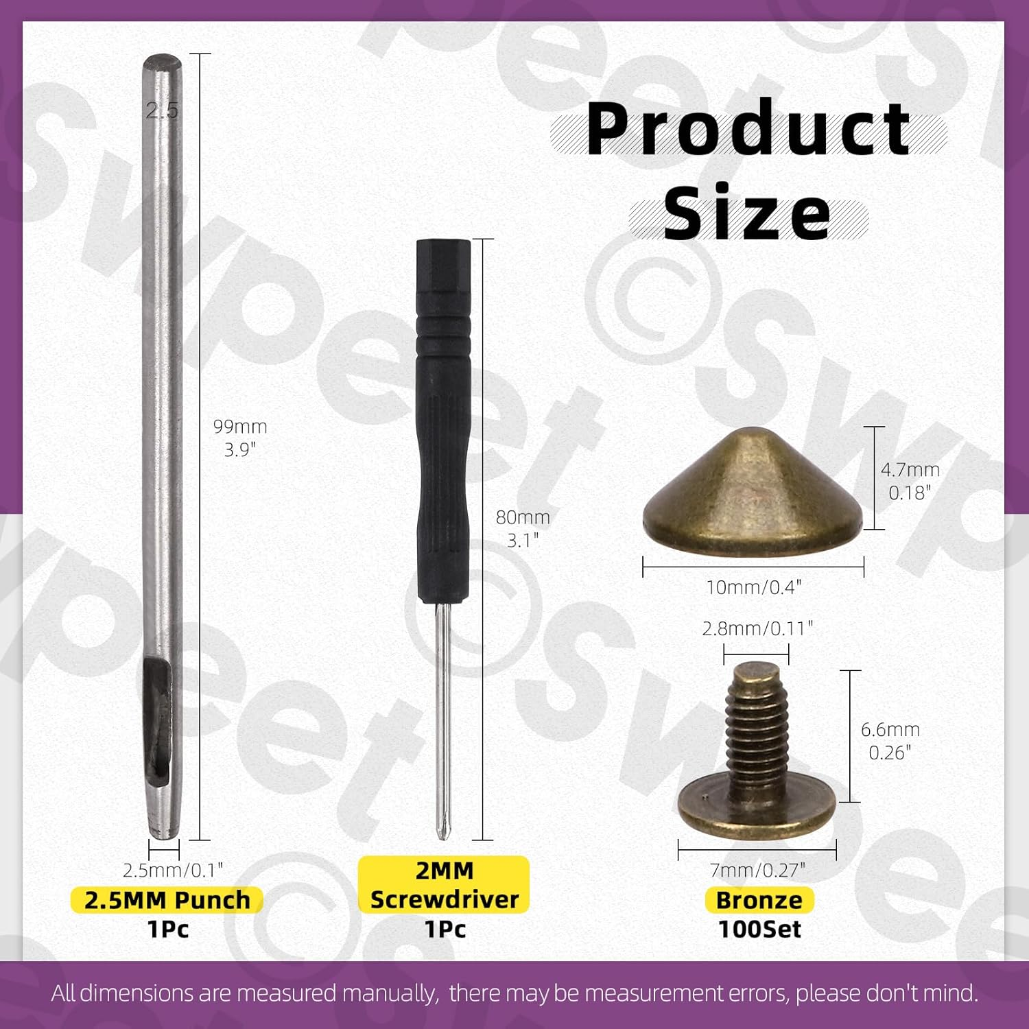 Swpeet 102Pcs Bronze Color Cone Spikes and Studs Kit with Hole Punch and Screwdriver, Back Leather Craft Rapid Rivet Screws, Spikes Bullet Cone Spikes Screw for Clothing Shoes Leather Craft image number 6