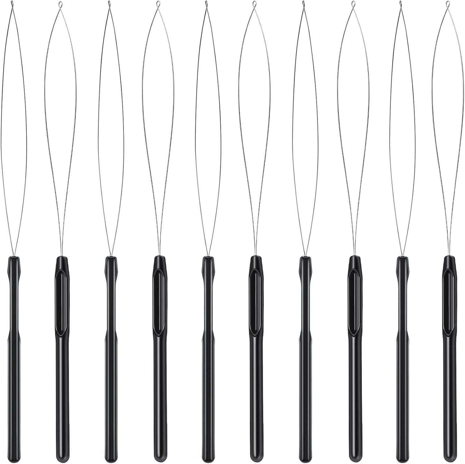 10 Pieces Hair Extension Loop Needle Threader Pulling Hook Tool and Bead Device Tool Black Loop Threader for Hair or Feather Extensions (Black)