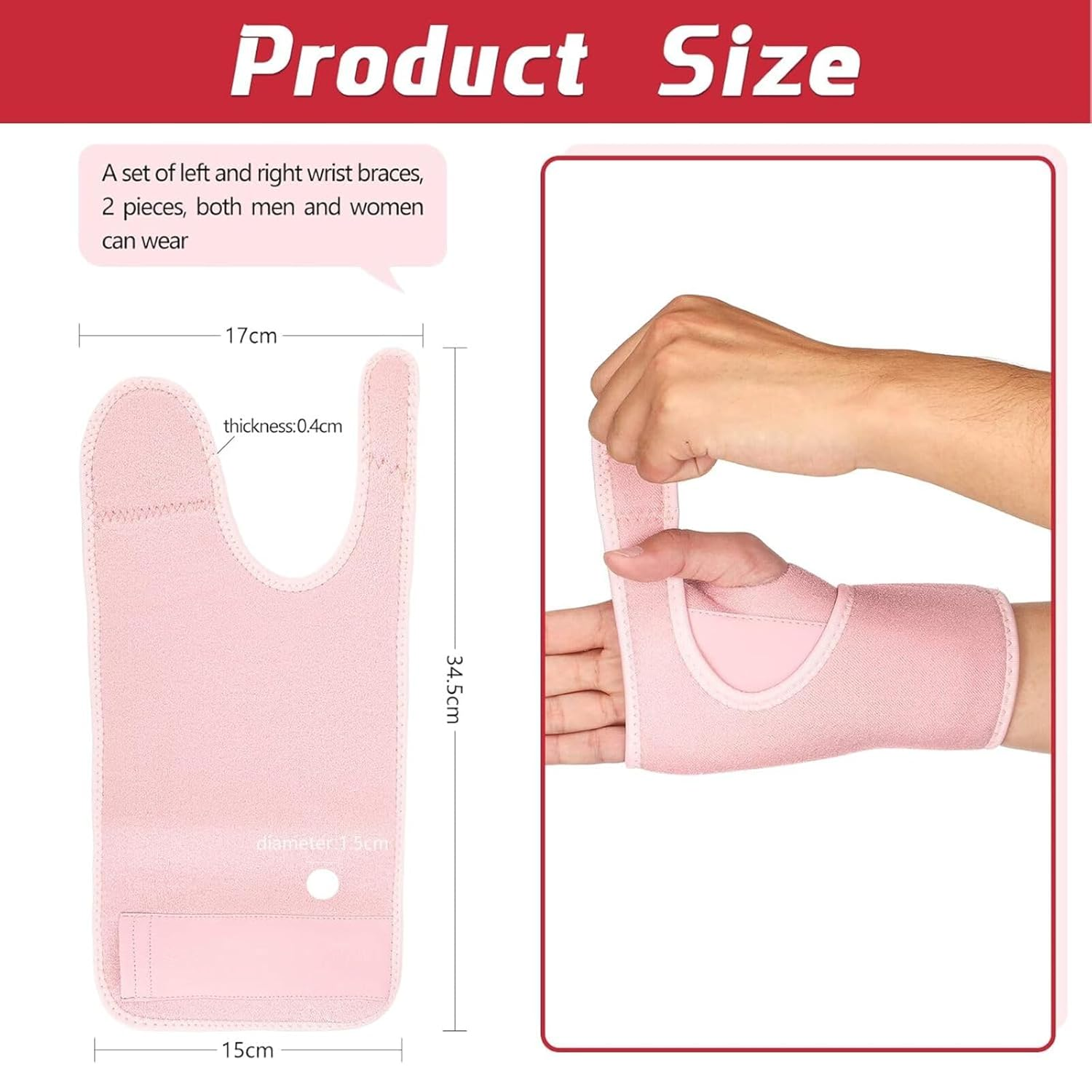Carpal Tunnel Wrist Brace Pair with Adjustable Compression Strap, Hand Palm Wrist Support, Relieves Tendonitis, Wrist Pain Hand Pain, Sports Injuries, Day & Night Support (Pink, Left Hand and Right Hand) image number 6
