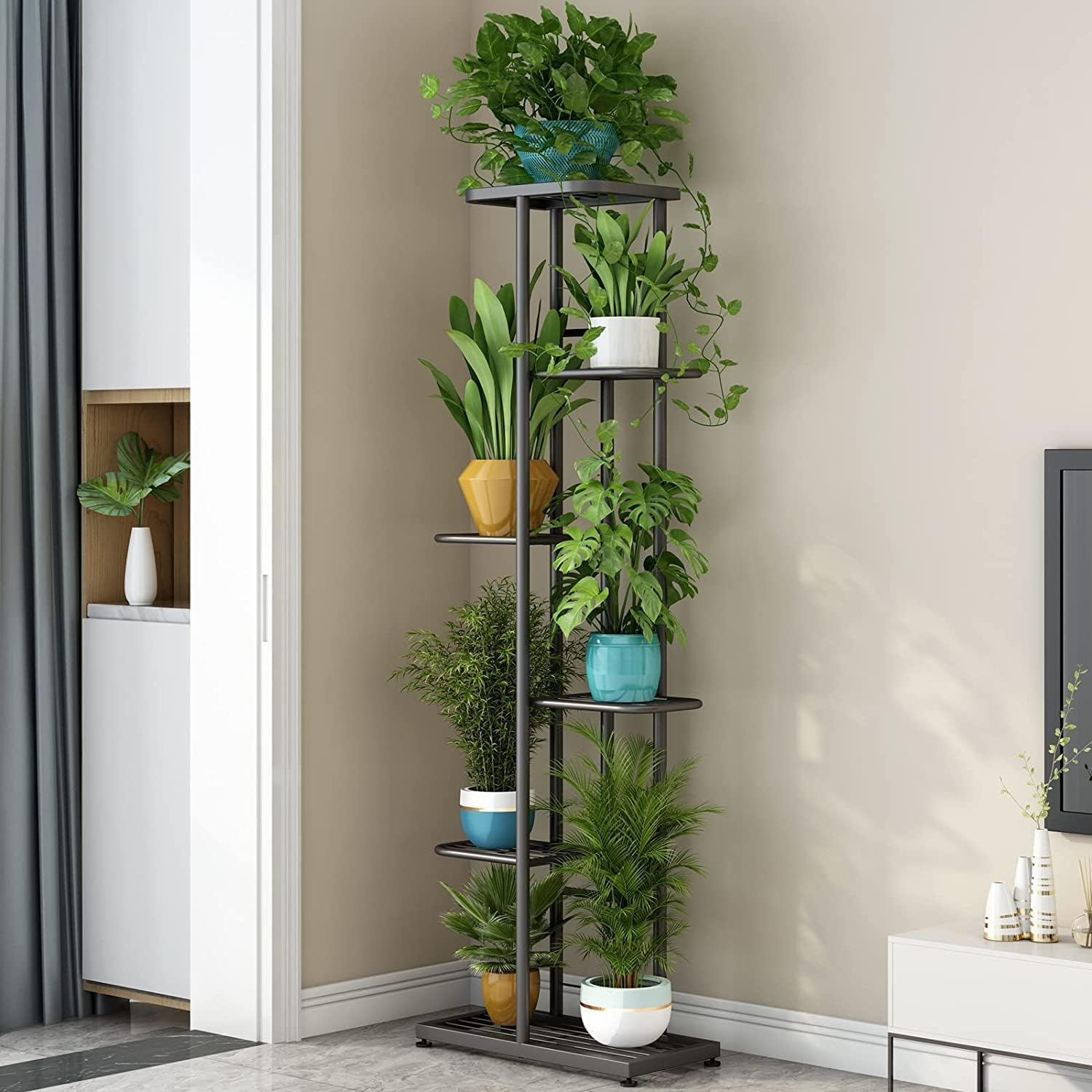 6 Tier 7 Potted Metal Plant Stand Indoor Outdoor Multiple Flower Pot Holder Shelf Stander Plant Holder Storage Rack for Indoor Outdoor Garden Greenhouse Patio Natural Black image number 1