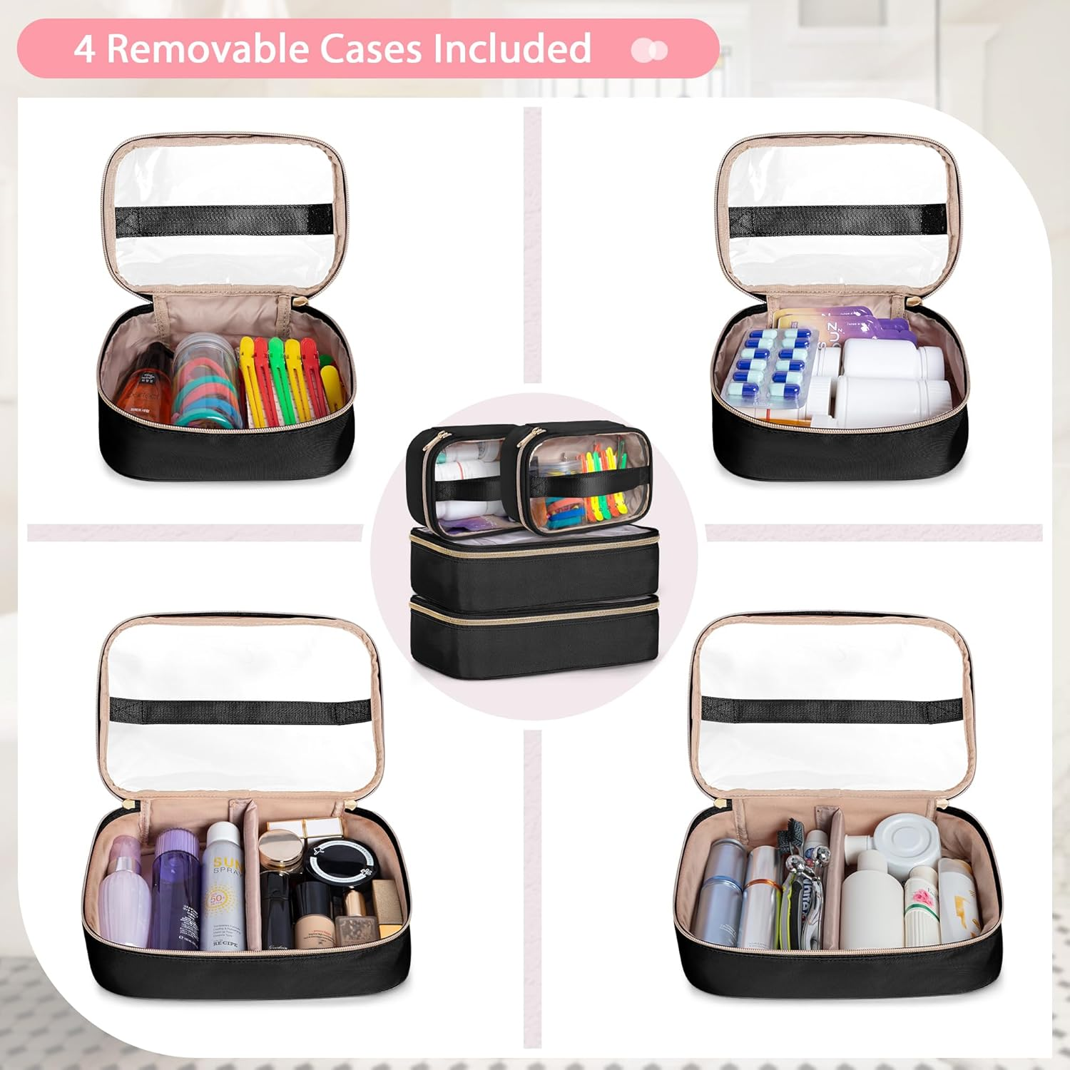 Prokva Extra Large Toiletry Bag for Women with 4 Individual Cases, Black, Classic image number 3