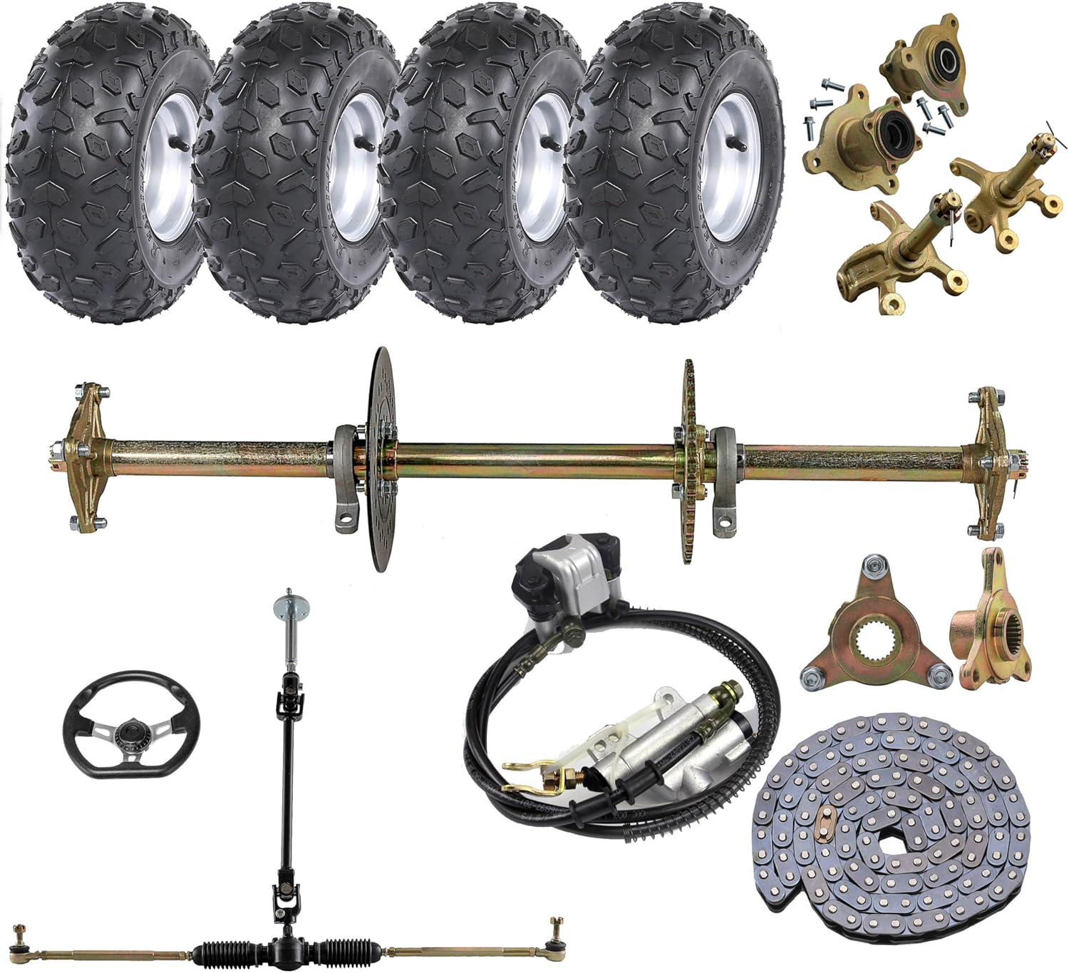 YC Yier Complete 32-Inch Rear Axle Kit, DIY Go-Kart Live Axle for Atvs, Quads, Buggies, Go Karts, and Golf Carts - Includes 6 Inch Go Cart Wheels, Steering Shaft, Brakes, Hubs and Chain Sprocket image number 1