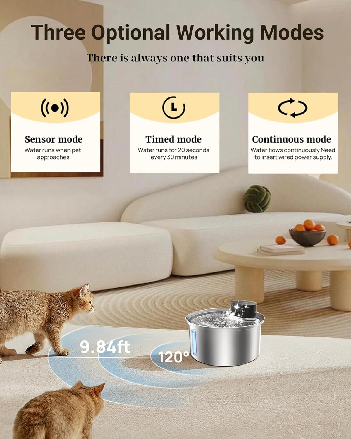 Wireless Cat Water Fountain Stainless Steel, 108Oz/3.2L Automatic Cat Fountain Battery Operated, Cordless Pet Water Fountain for Cats & Dogs with Motion Sensor, Ultra Quiet Pump, Multi-Filtration image number 2