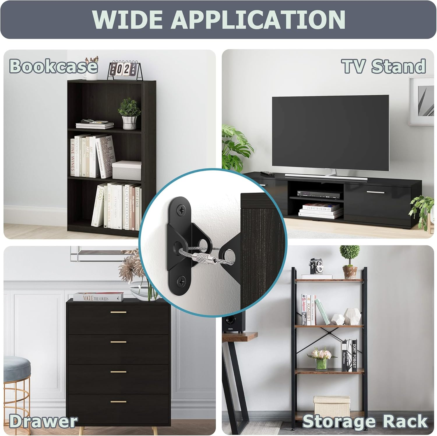 Furniture Anchors for Baby Proofing, anti Tip Furniture Wall Anchors, Metal Earthquake Straps, Cabinet to Wall, Dresser Wall Safety Anchor for Child Safety (Black, 2 Pack) image number 1