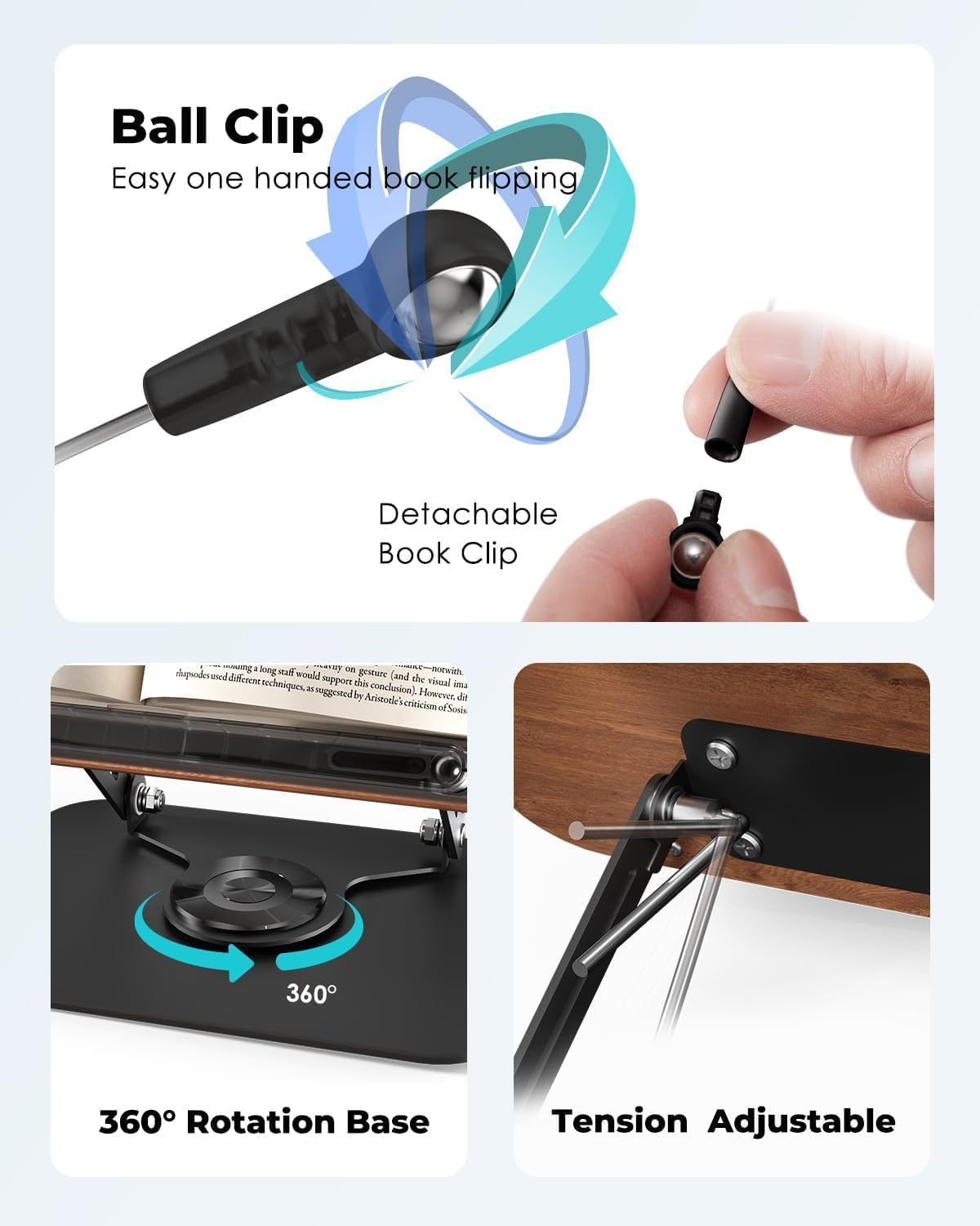 Book Stand for Reading,Book Holder, Height&Angle Adjustable, 360&deg; Rotating Base, Foldable and Portable, Lightweight for Office, Kitchen, School Textbook, Recipe,Kindle,Tablet (Dark Wood) - Dark Wood image number 6