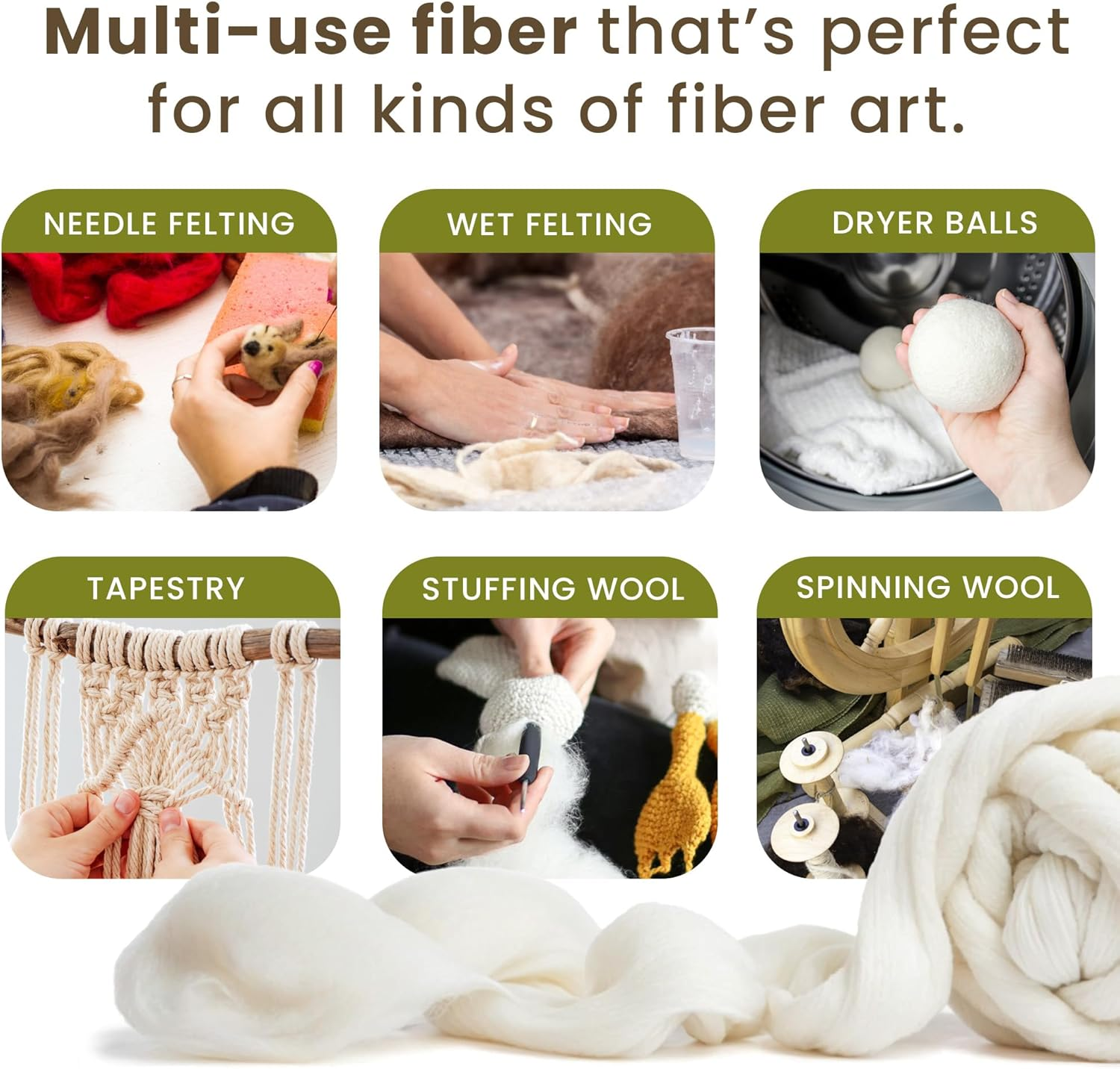 100% Natural White Wool Roving Top, 8 OZ Corriedale, from USA Mill, Best Core Wool for Needle Felting, Wet Felting, Spinning, Dryer Balls, Stuffing, Big Yarn Roving, 29.5 Micron, Un-Dyed image number 3