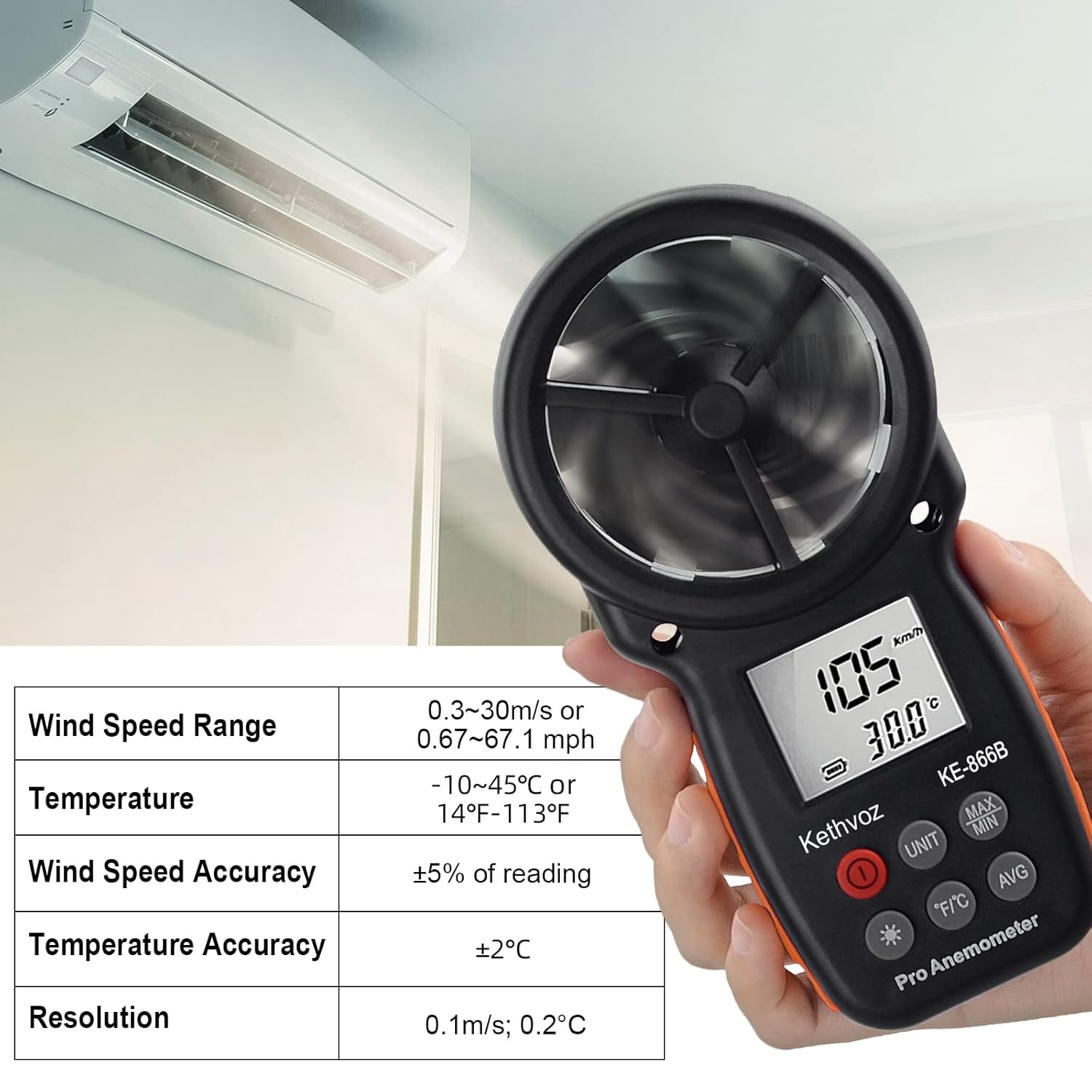 Handheld Anemometer Digital Wind Speed Meter, Kethvoz Windspeed Gauge Anemometro Measure Air Flow Velocity Check Wind Temp for HVAC Dust Collection Drone Flying Sailing Hunting image number 3