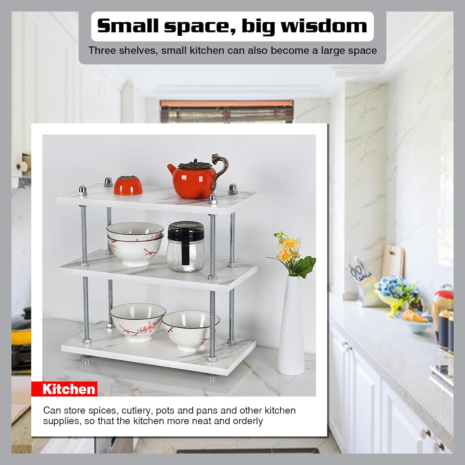 Desktop Organizer,White Bookcases,Mug Holder Countertop, Kitchen Counter Shelf for Tea Coffee Bar Accessories,Cup Display, Condiment Storage Rack, 3Tier Heavy Duty Solid Frame