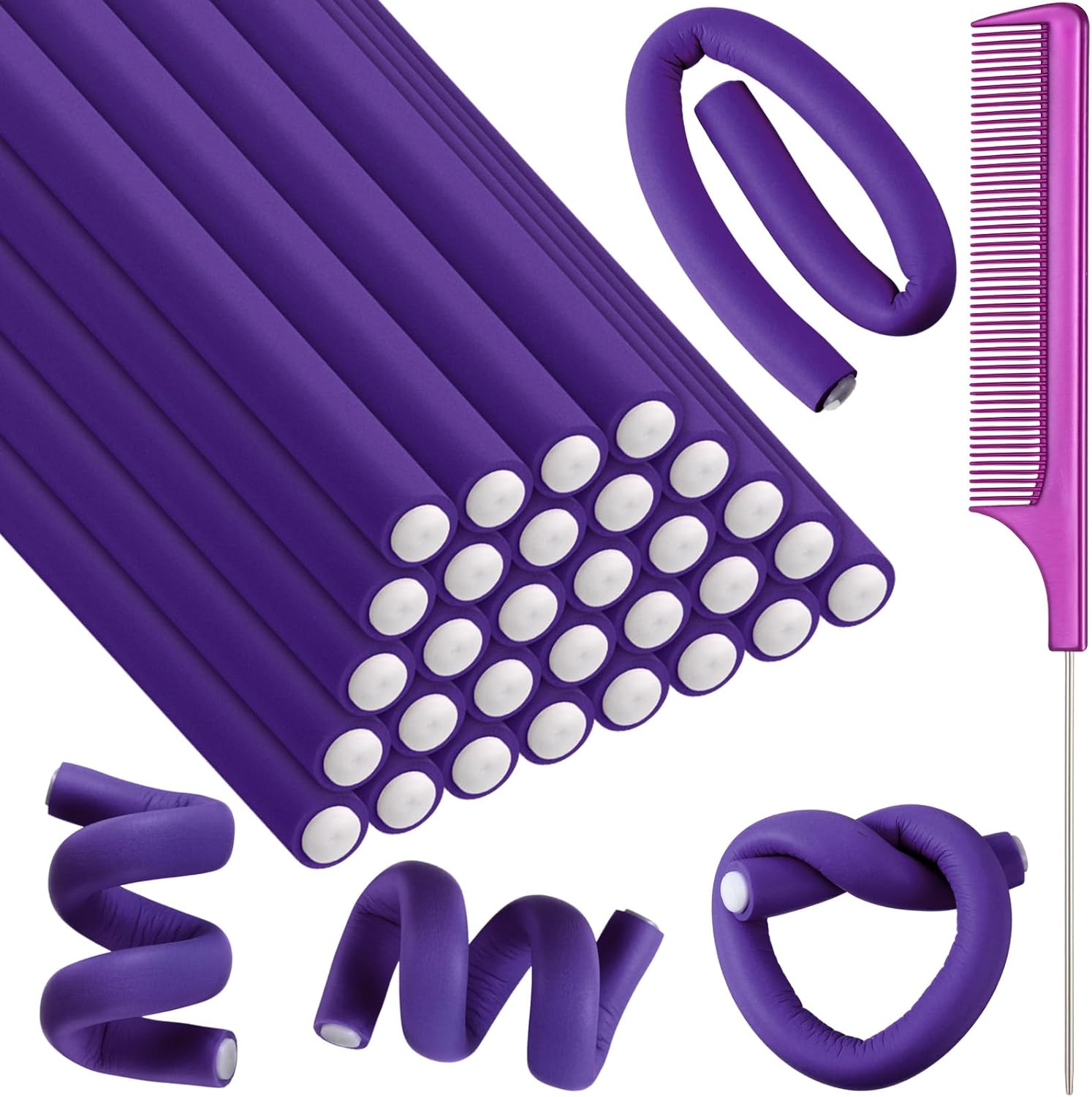 Syhood 30 Pieces Flexible Curling Rods Twist Foam Hair Rollers Soft Foam No Heat Hair Rods Rollers and 1 Steel Pintail Comb Rat Tail Comb for Women Long Short Hair(9.45 X 0.3 Inch,Purple)