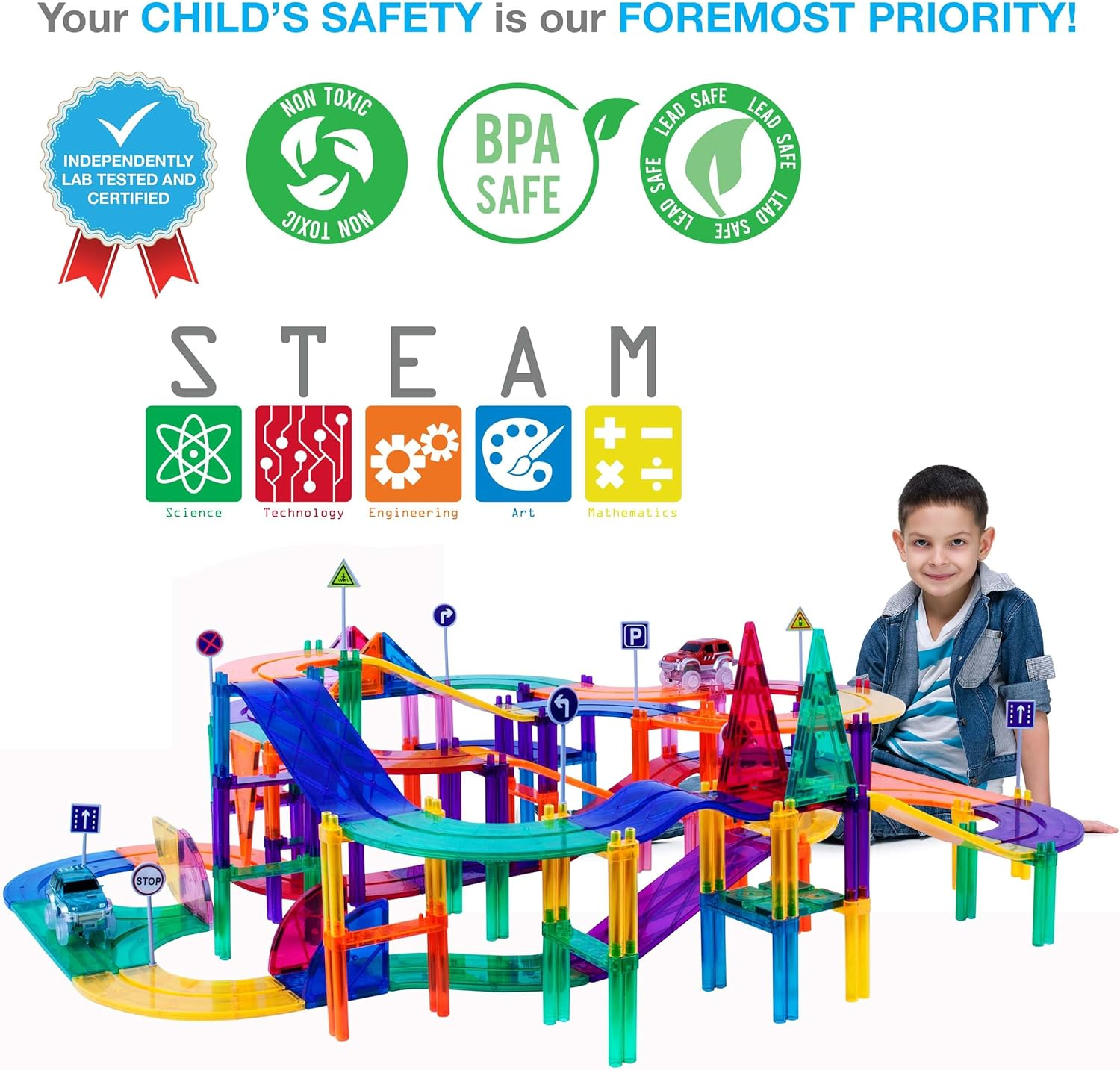 Picassotiles 150 Piece Race Car Track Building Block Educational Toy Set Magnet Tile Magnetic Blocks Playset 4 Cars Early STEM Learning Construction Kit Hand-Eye Fine Motor Skill Brain Training PTR150 image number 3