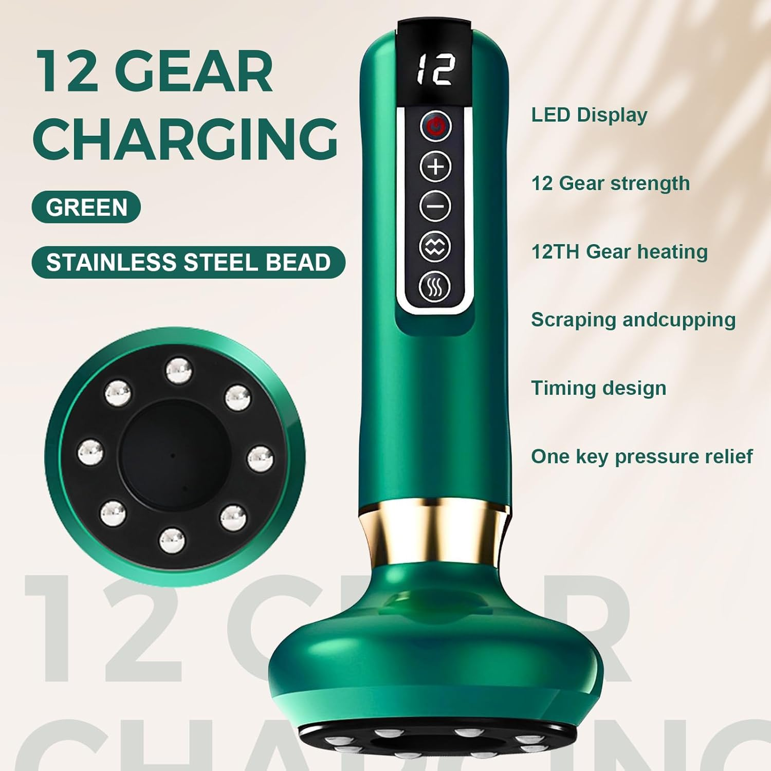 12 Level Electric Cupping Smart Scraping Massager Heating Guasha Massage (12-Speed Green) - 12-Speed Green image number 2