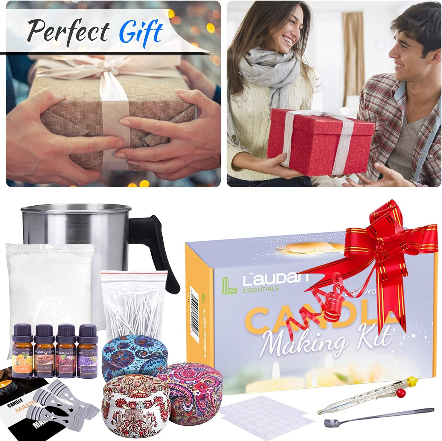 Laudan Essentials Candle Making Kit - DIY Scented Candle Supplies, 310G Soy Wax, 50 Wicks, 3 Tins, 4 Scents, Non-Foldable, All Ages