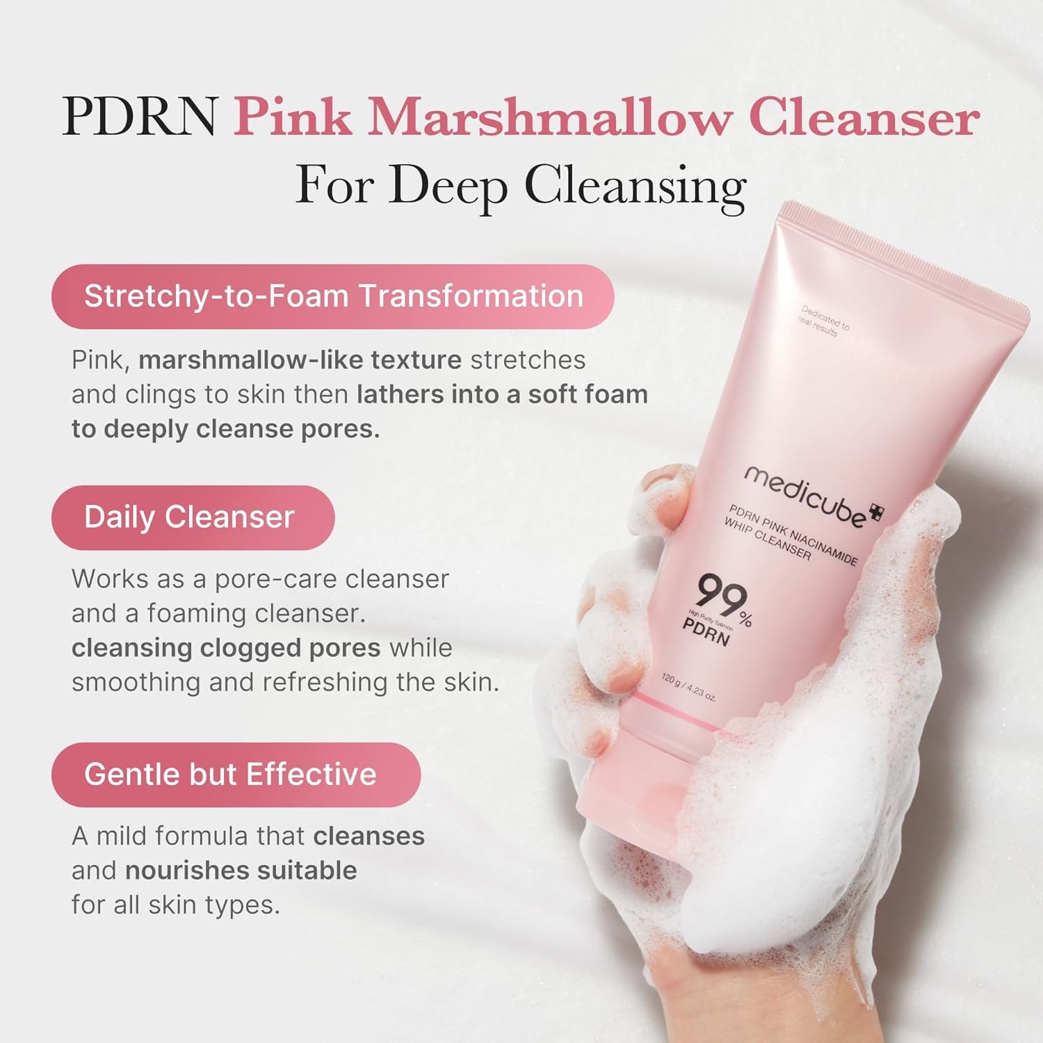 Medicube PDRN Pink Niacinamide Marshmallow Whip Cleanser 120G | Hydrating Face Wash for Pores & Uneven Skin Tone | Gentle Daily Foam Cleanser | Korean Skincare. image number 4