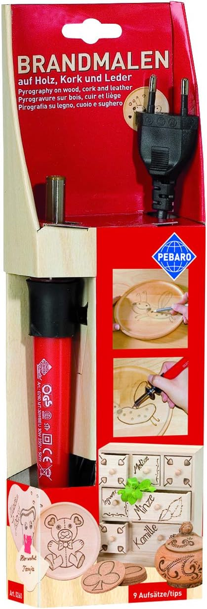 Pebaro Glorex 6 1671 001 Pyrography Pen with 9 Brass Attachments with Support Stands, Power Connection Euro Plug 230 V / 30 W for Burning on Wood, Leather, Cork and Other Materials image number 3