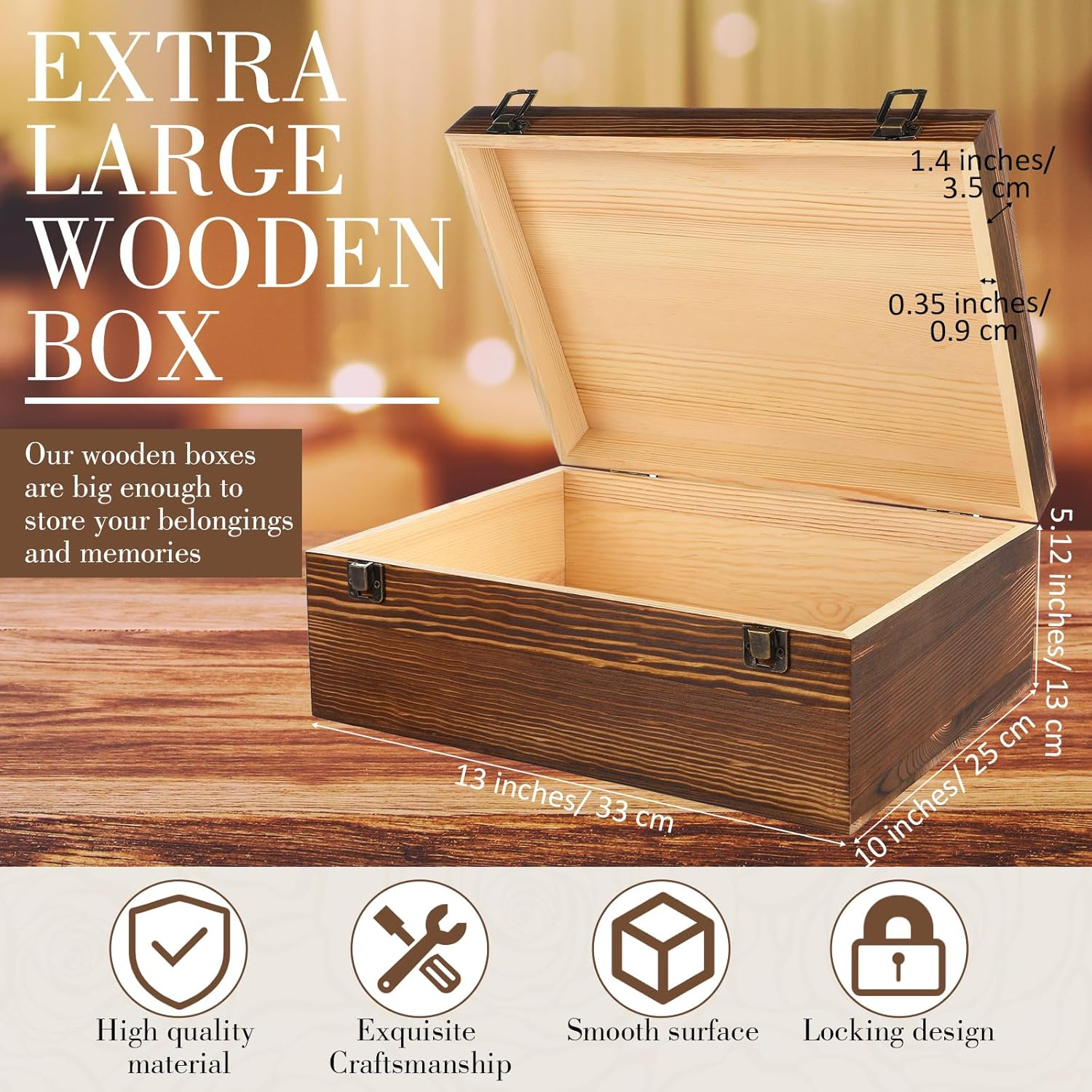 Barydat Extra Large Wooden Memory Box with Hinged Lid for Keepsakes Unfinished Pine DIY Craft Stash Wooden Box for Arts Gift and Storage Decorative image number 5