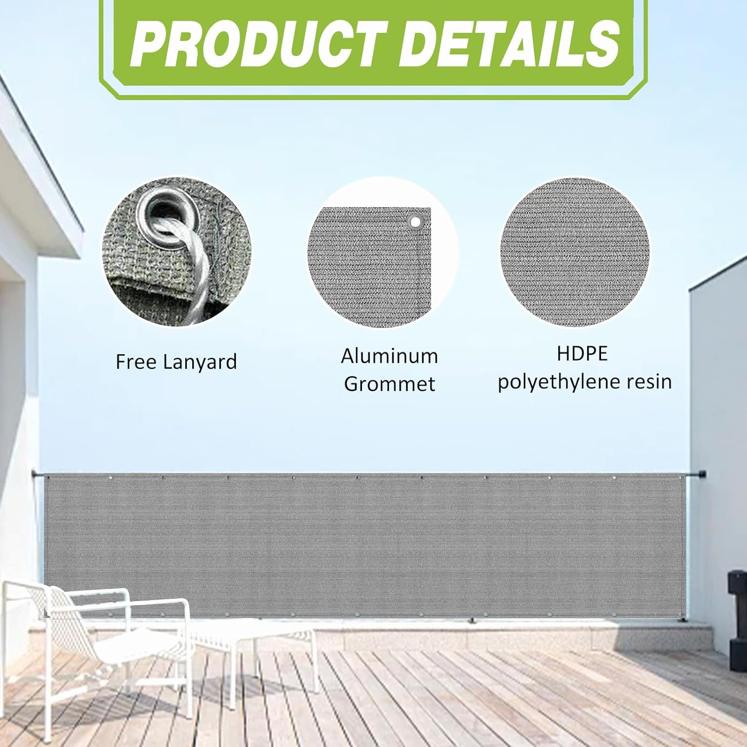 Balcony Privacy Screen, 0.9 X 5M Weather Resistant Woven Balcony Windscreen, Pre-Opened Outdoor Balcony Net Fence Mesh for Lanyard (Grey) - Black image number 2