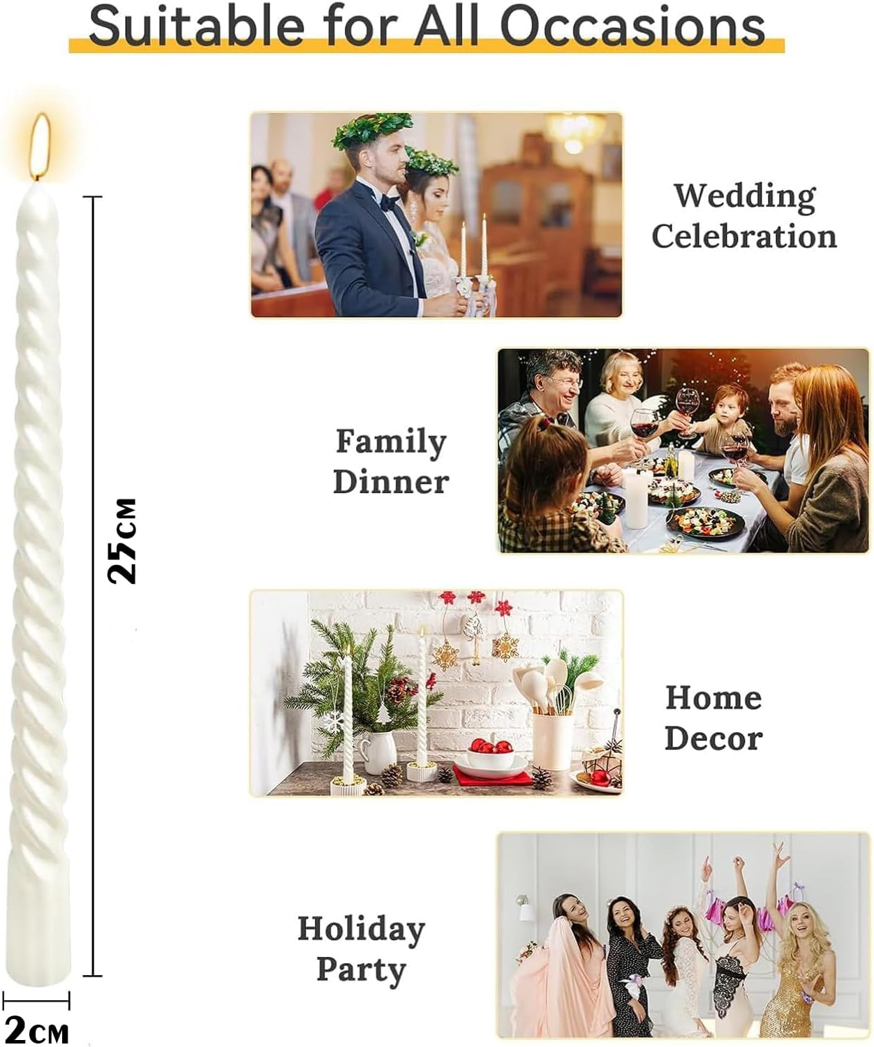 10 Inch Metallic White Spiral Taper Candles - 12 Pack Unscented, Dripless Twisted Candlesticks for Wedding, Dinner Party, Ceremony, Religious Events, and Holiday Home Decor (White) - White image number 3