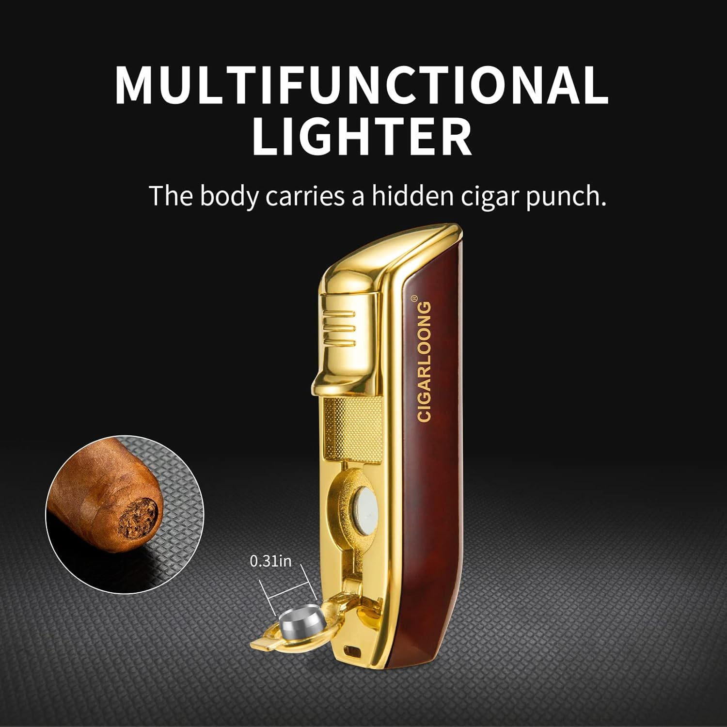 CIGARLOONG Cigar Lighter with Cigar Punch Alloy 3 Jet Torch Flame Refillable Metal Cigarette Windfroof Lighter Gift Box(Black) - Brown image number 3