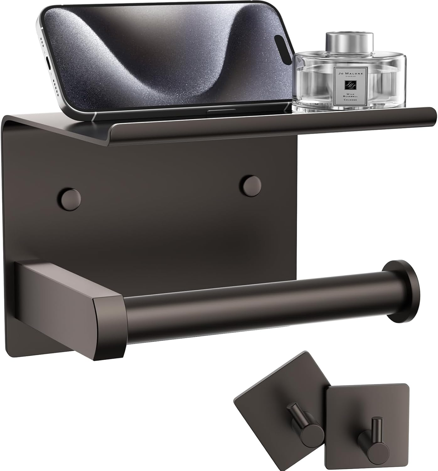 Tindbea Toilet Paper Holder with Phone Shelf + Towel Robe Hooks, Adhesive or Screw Wall Mounted Toilet Paper Roll Storage Dispenser, Stainless Steel Bathroom Tissue Roll Holder (Bronze)