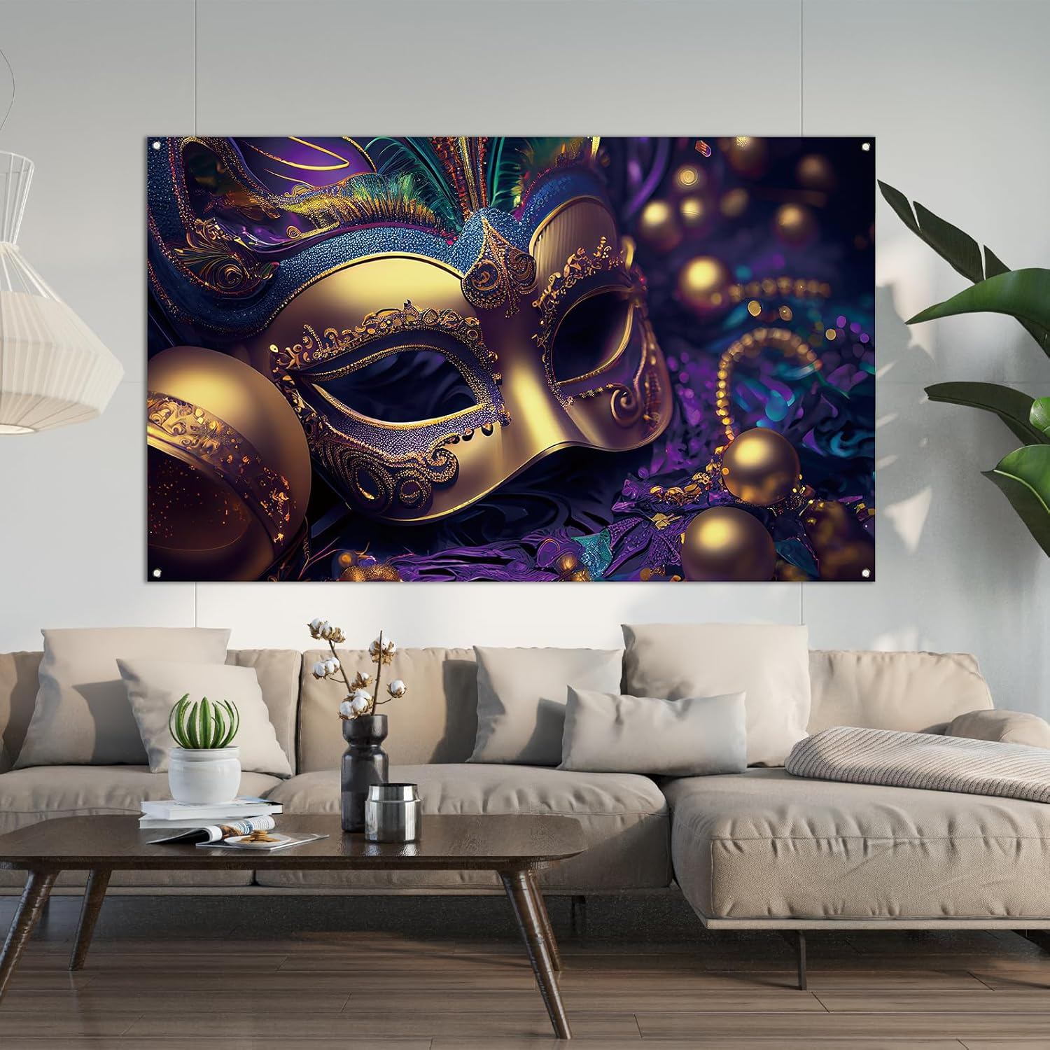 Mardi Gras Photo Backdrop Purple Mask Beads Banner Fat Tuesday Brazil Carnival Masquerade Party Birthday Decorations and Supplies for Home-71&times;43'' image number 3