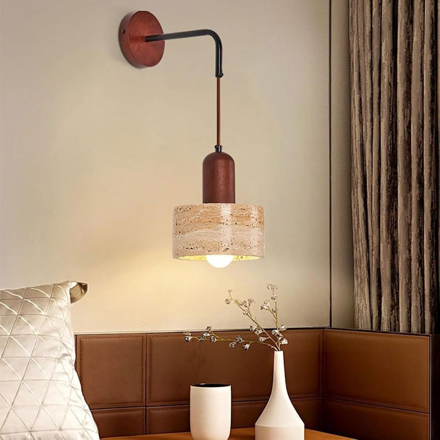 Wall Mounted Lamp Stone Lampshade Wall Lamp Adjustable Cord Height Bedside Wall Lamp E26 Travertine Wall Sconce Wall Lighting image number 1