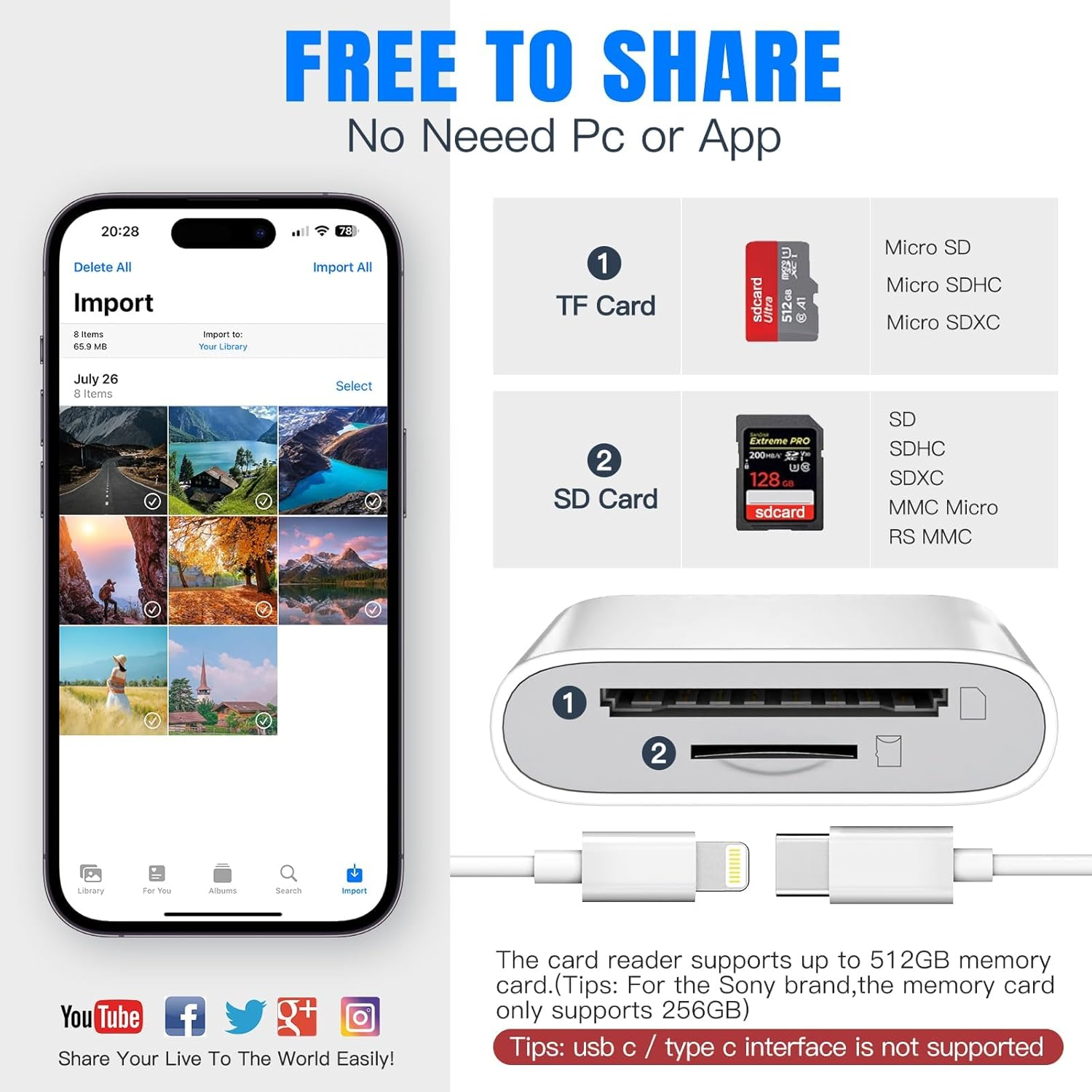 SD/TF Card Reader USB C, Dual Card Slot Memory Card Reader Lightning/Sd Card Adapter for Microsd SDHC SDXC, Compatible with Laptop, PC, Camera, Iphone 17/16, Macbook Pro/Air, Ipad Pro image number 1