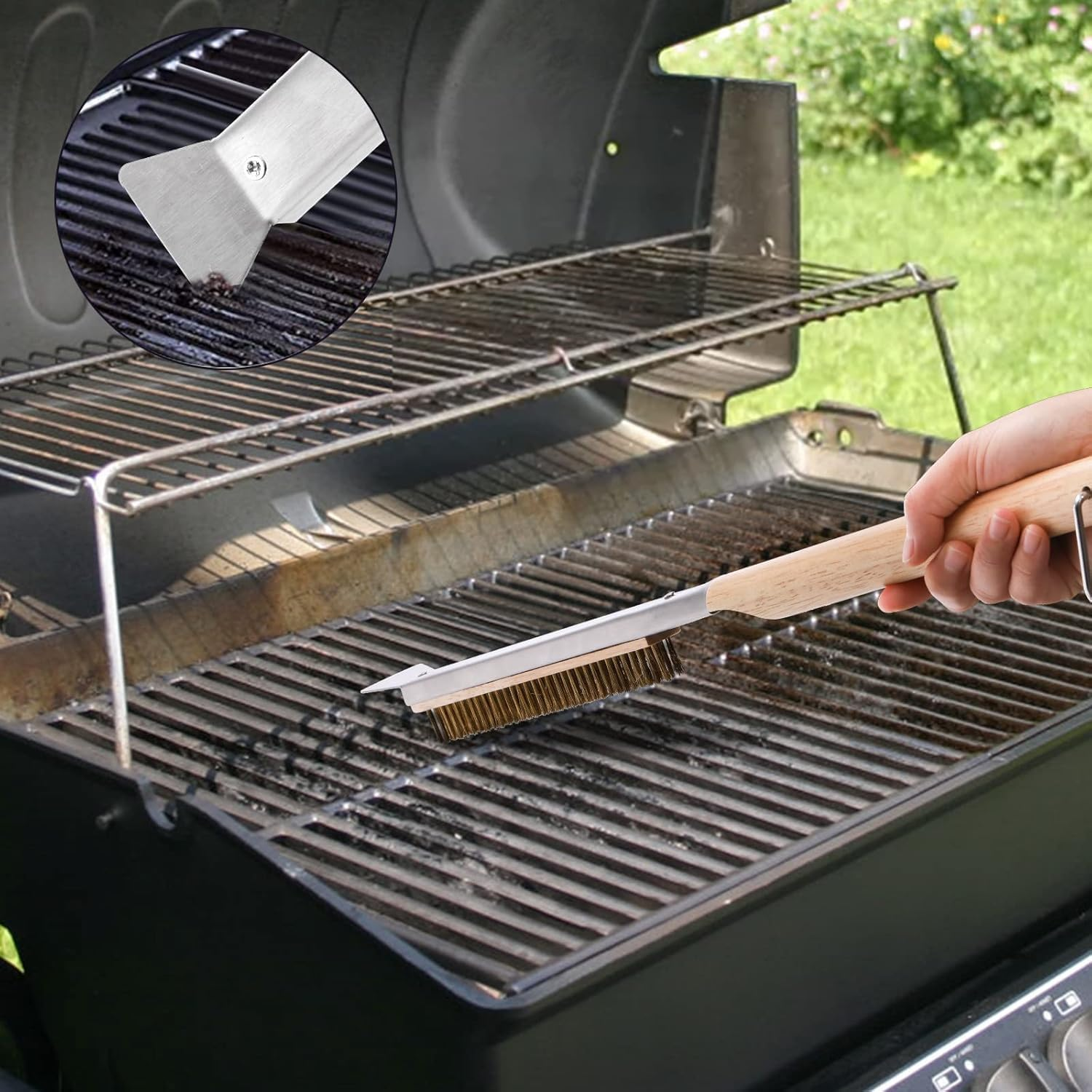 21'' Pizza Brush with Stainless Steel Stone Scraper - Brass Bristles - Wood Handle - Hanging Ring - Outdoor Pizza Oven Accessory - Compatible with Ooni, Gozney, Blackstone, Solo Stove Ovens (Standard)