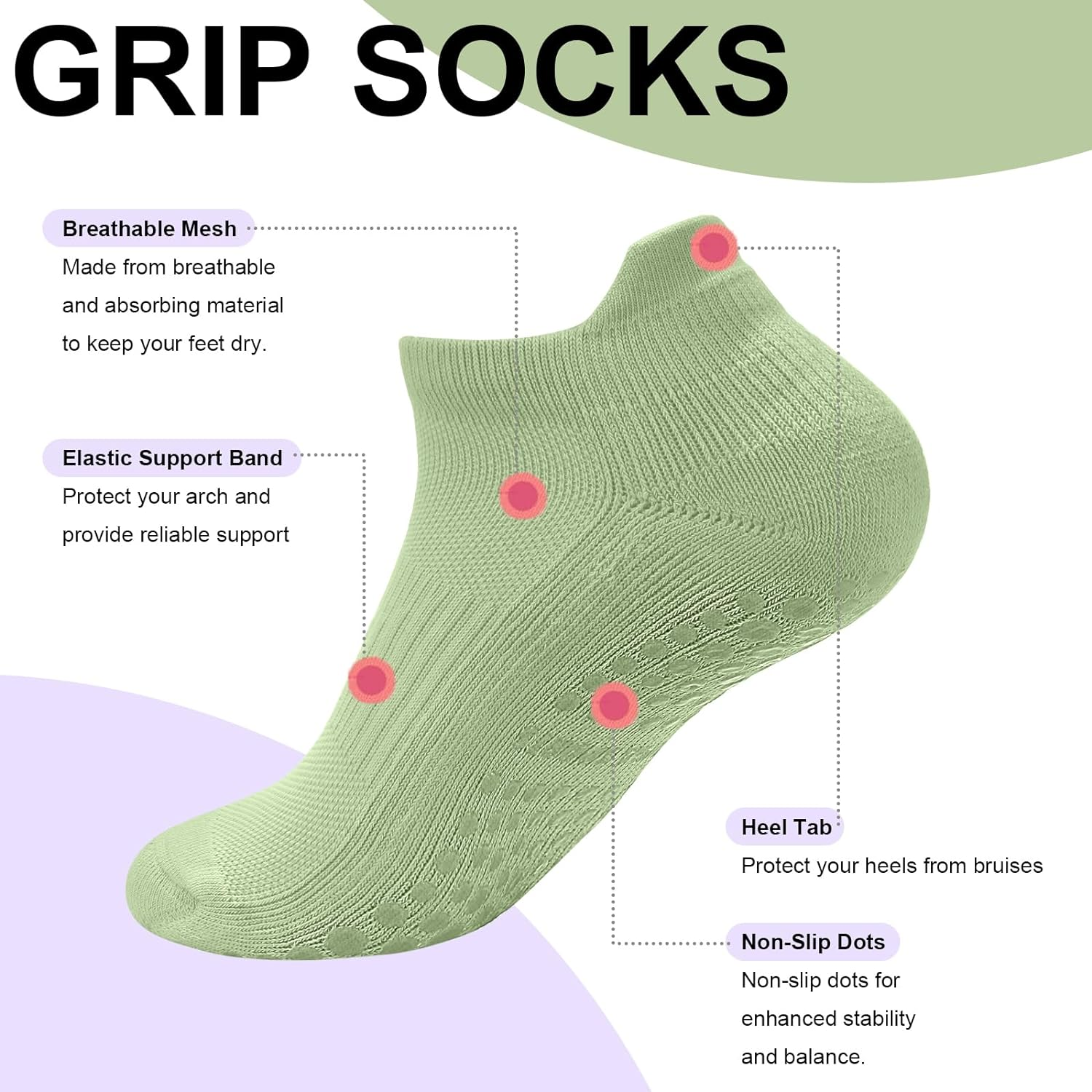 3 Pairs Cushioned Sole Pilates Socks with Grips for Women - Non-Slip Yoga and Ballet Barefoot Workout Grippy Socks - Anti-Skid Athletic Footwear - Black/White/Light Grey image number 5