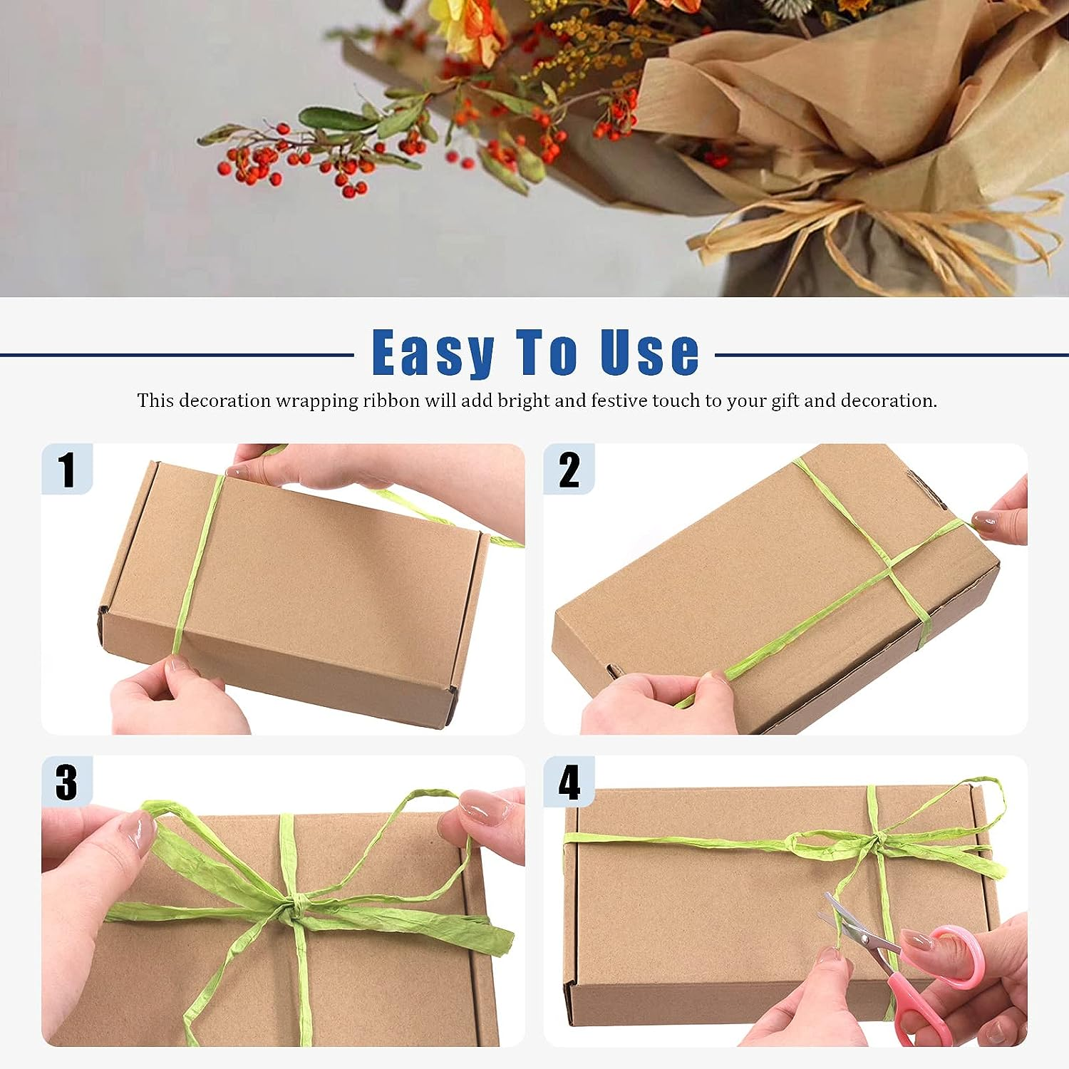 Glarks 200M Raffia Ribbon with Scissors Set, Red Paper Craft String, Natural Kraft Packing Twine for Gift Wrapping and Crafting Supplies - Black image number 7