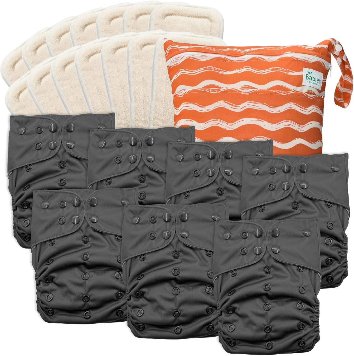 7-Pack Reusable Cloth Diapers with AWJ Interior &ndash; Includes 14 Absorbent Inserts and 1 Wet Bag &ndash; Adjustable, Waterproof, and Washable (Midnight Cozy, Cotton Inserts) image number 3
