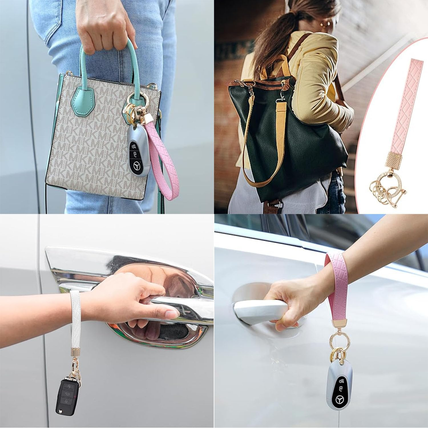 Leather Keychain Wristlet,2Pcs Leather Car Keychain Key Ring Lanyard Accessories,Rhinestone Inlaid Alloy Car Key Chain,360&deg;Rotatable Wrist Fob Keychain Holder,Car Key Chain Cover image number 6