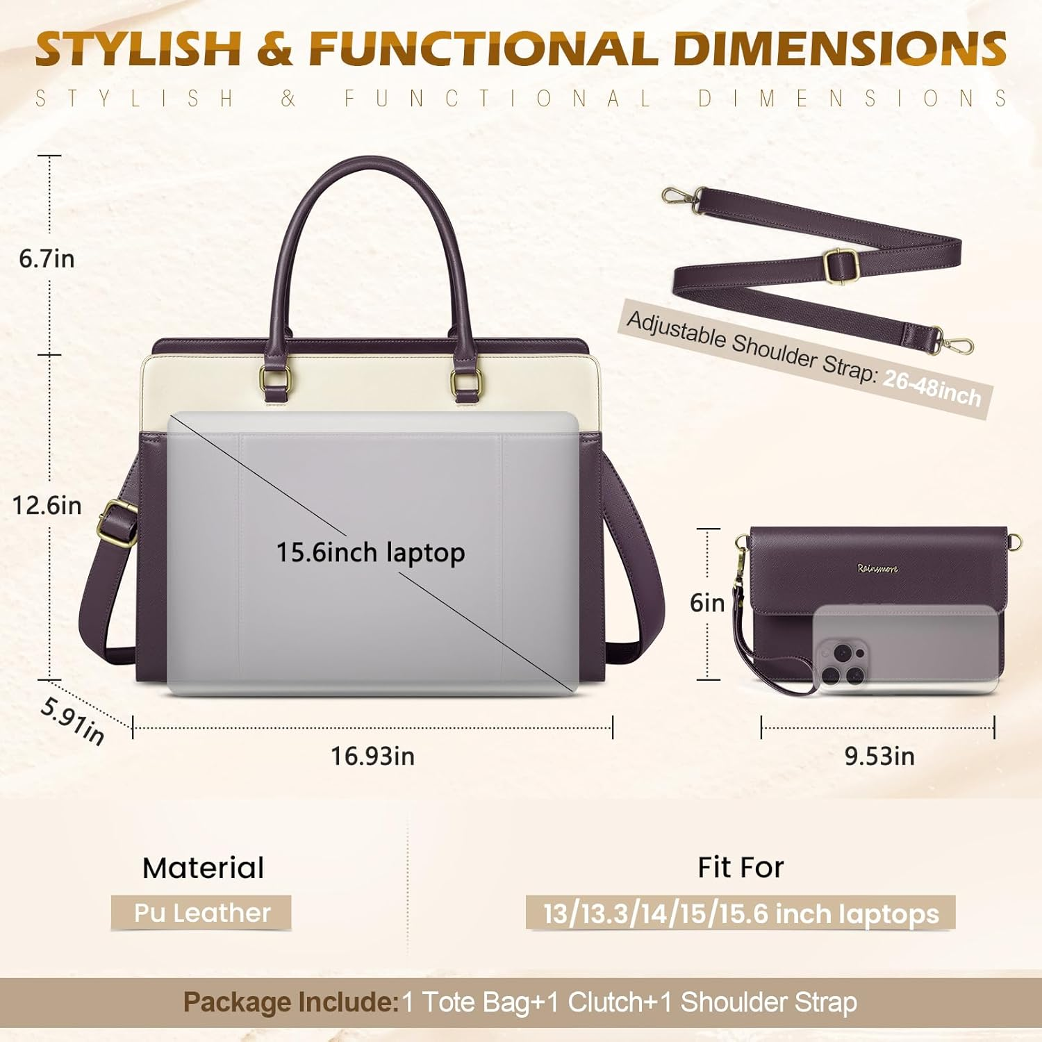 RAINSMORE Laptop Bag for Women 15.6 Inch with Clutch Purse, 15.6 Inch image number 4