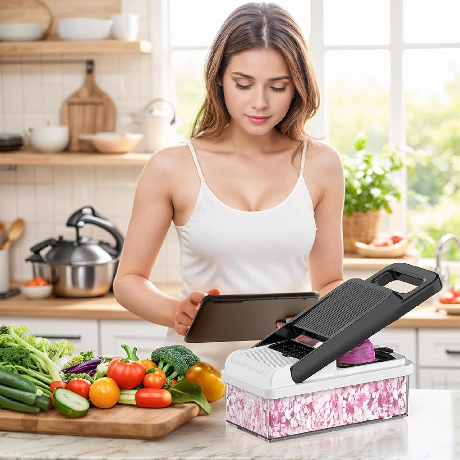 DULCE DOM 15-In-1 Vegetable Chopper, 7 Blades Veggie Chopper with Container and Lid, Dicer, Slicer, Multifunctional Kitchen Gadgets, Vegetable Cutter with Handle Onion Cutter image number 3