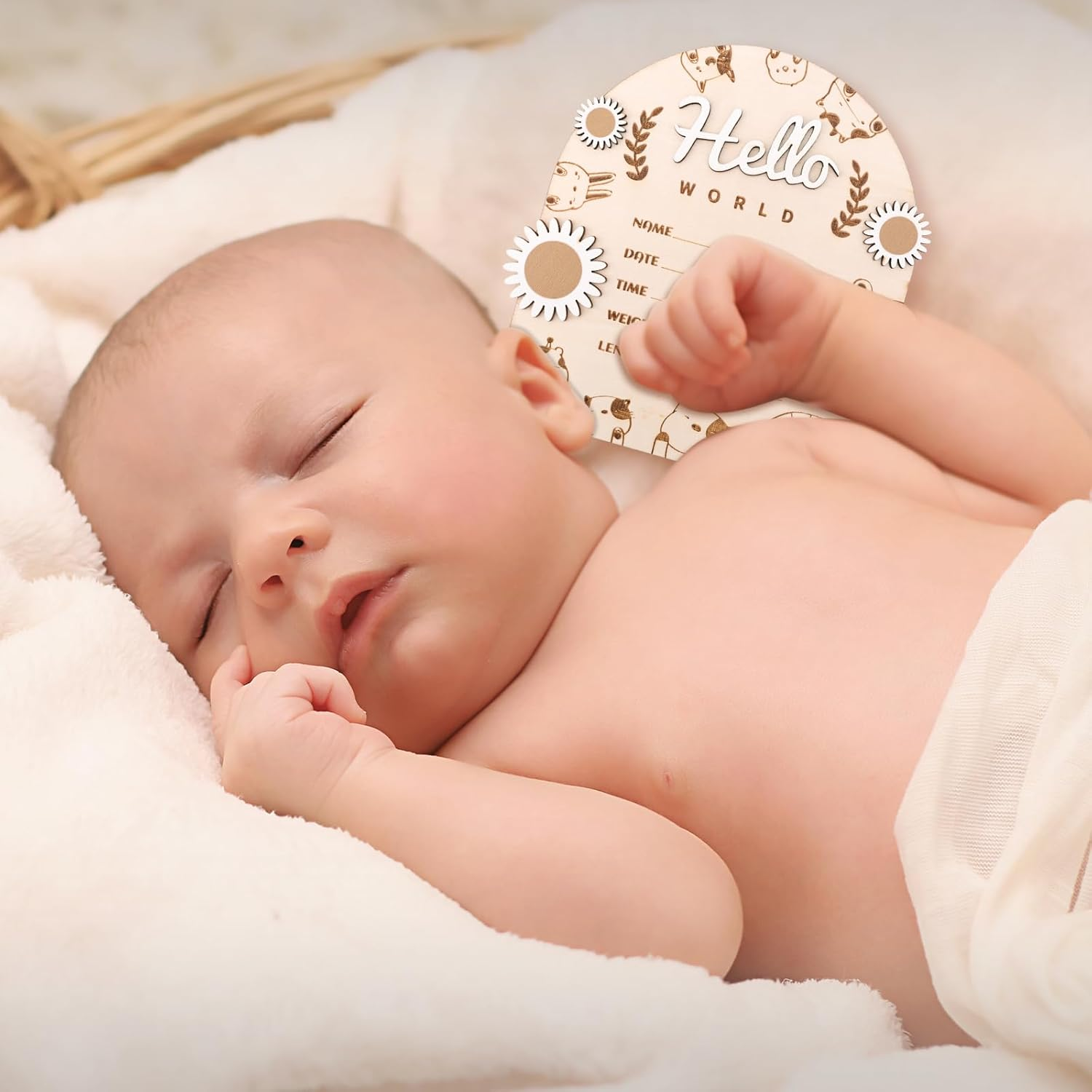 Wooden Baby Announcement Sign, Hello World Baby Sign Baby Announcement Plaque Newborn Baby Name Board Birth Announcement Sign for Baby Shower Gifts Photo Props Wall Decoration image number 5