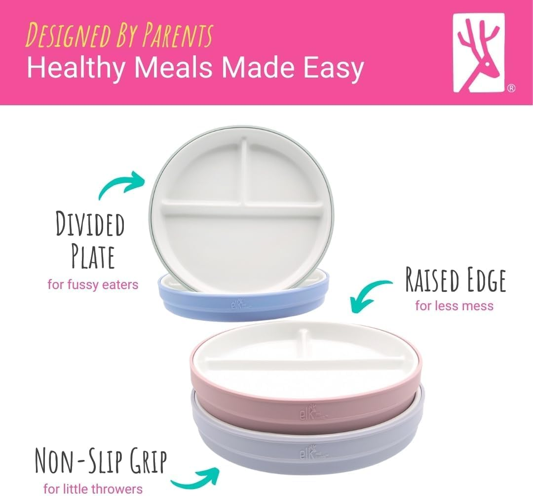 Elk and Friends Kids 6.7&rdquo; Porcelain White Divided Plates with Silicone Sleeves | Suitable for Babies/Toddlers | Microwave & Dishwasher Safe | Non Slip Dinnerware | Snack Dishes | 4 Pack image number 3