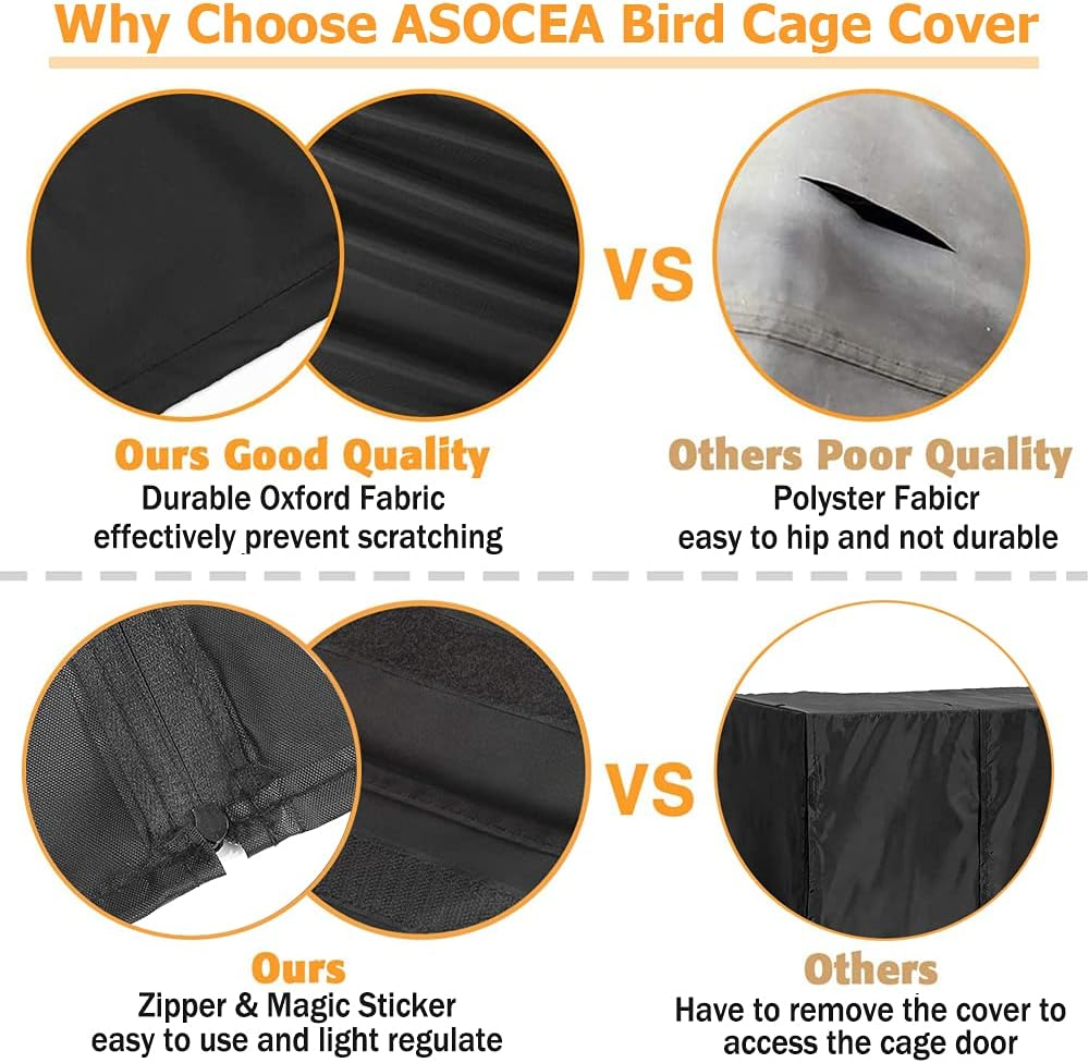 ASOCEA Extra Large Bird Parrot Cage Cover Good Night Birdcage Cover Universal Blackout for Parakeets Budgies Macaw Conure Square Cages - Black