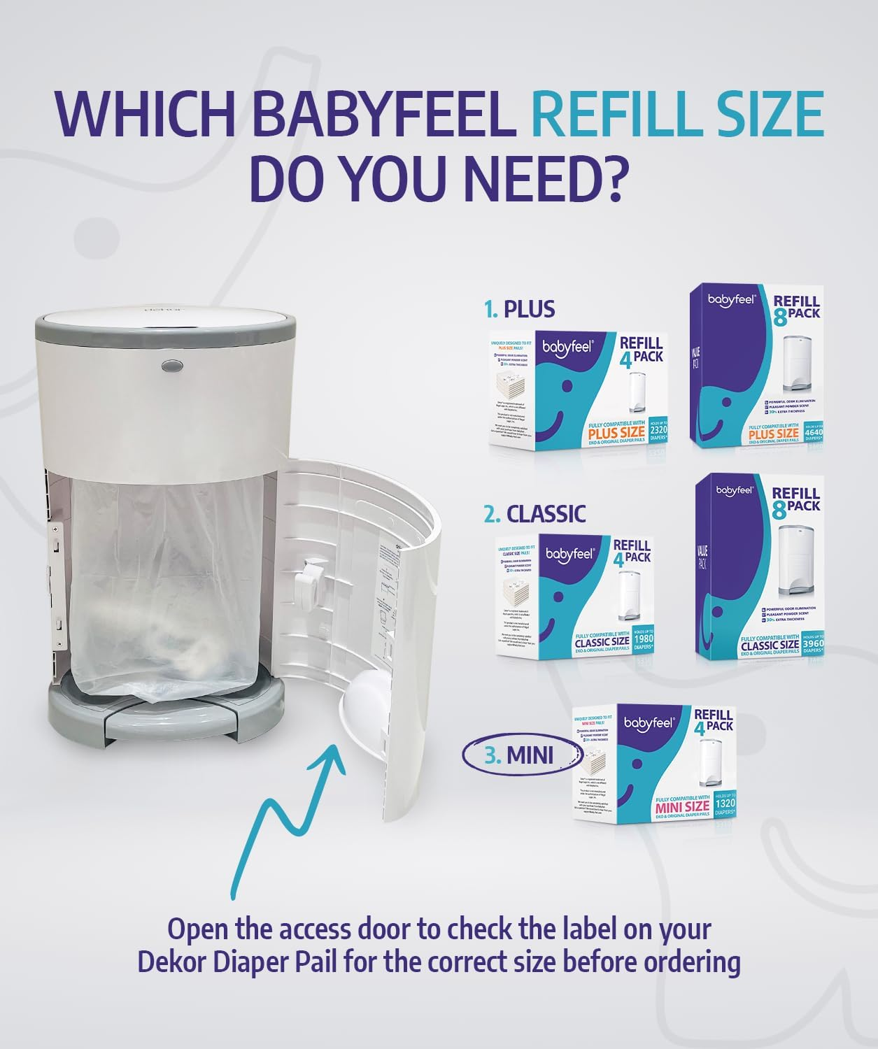 Babyfeel Refills Compatible with DEKOR MINI Diaper Pails | 4 Pack | Exclusive 20% Extra Thickness | Diaper Pail Refills with Powerful Odor Elimination | Powder Scent | Holds up to 1320 Diapers image number 5