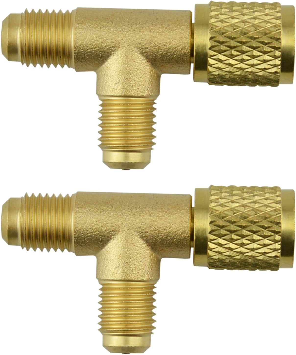 Quick Coupler Tee Adapter, 2 Pcs Brass Refrigerant Tee Adapter 1/4 Inch SAE Valves Core Tee Adapter Durable Air Conditioning Line Repair Tools for R22 R12 R134 Refrigerant Gauge Deep Vacuum Pump