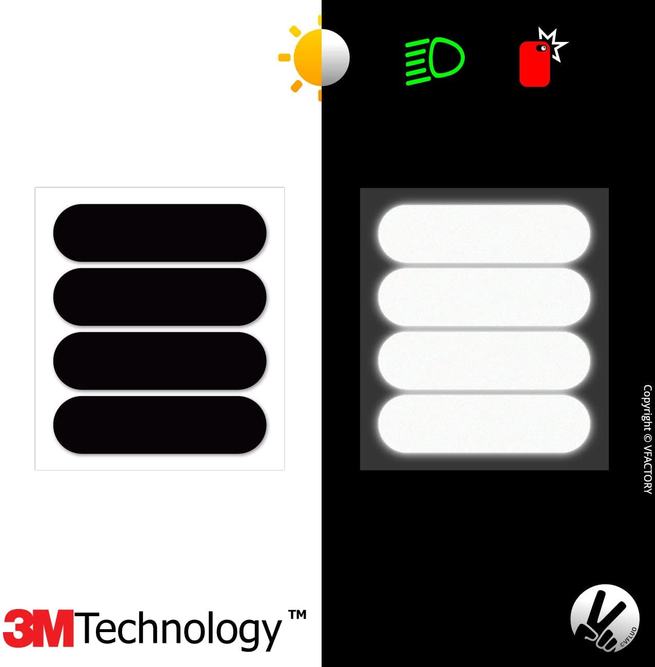 VFLUO - Kit 4 Retro Reflective Stripes Stickers for Mortorcyle Helmet - Stickers Approved to FR Dimension - High Visibility, 3M&trade; Technology - Discreet and Design - Maximum Grip - Set of 4 image number 6
