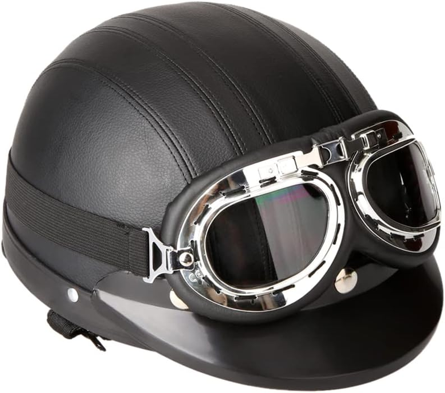 RAYWE Motorcycle Scooter Open Face Half Leather Helmet with Visor UV Goggles Retro Vintage Style 54-60Cm